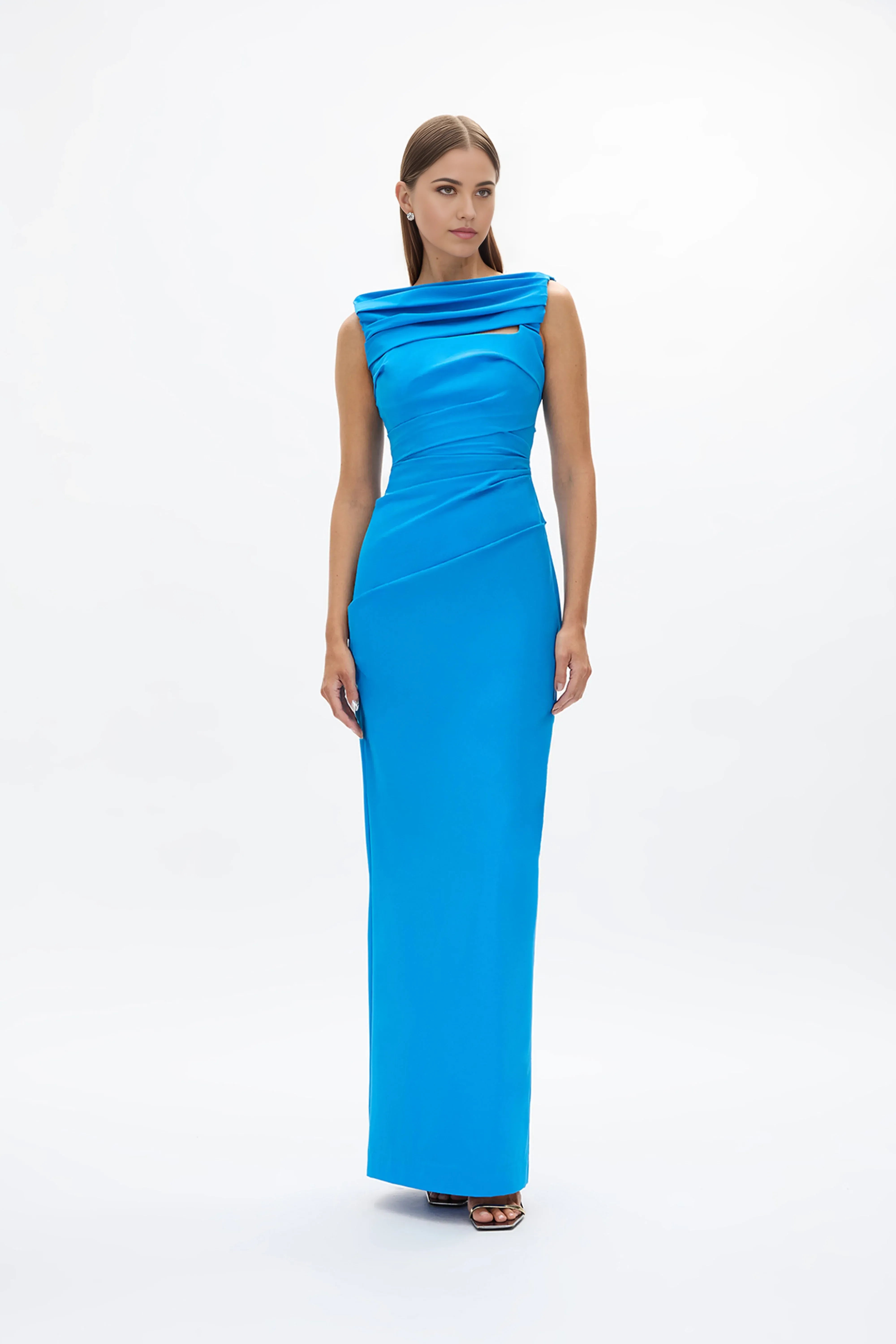 Ruched Sheath Cowl Neck Sleeveless Zipper Back Floor Length For Women Evening Dress