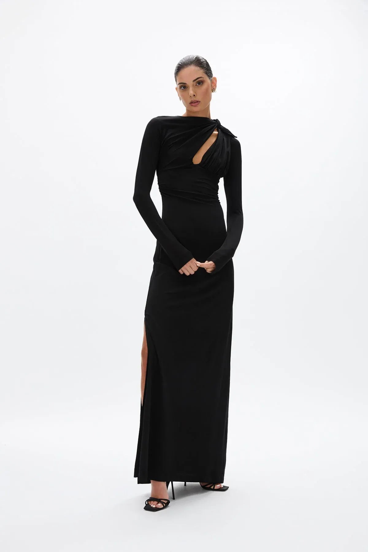 Ruched Sheath Mock Neck Long Sleeve Cutout Back High Slit Floor Length Female Prom Dress