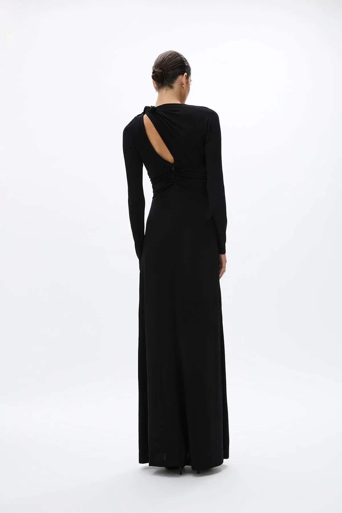 Ruched Sheath Mock Neck Long Sleeve Cutout Back High Slit Floor Length Female Prom Dress