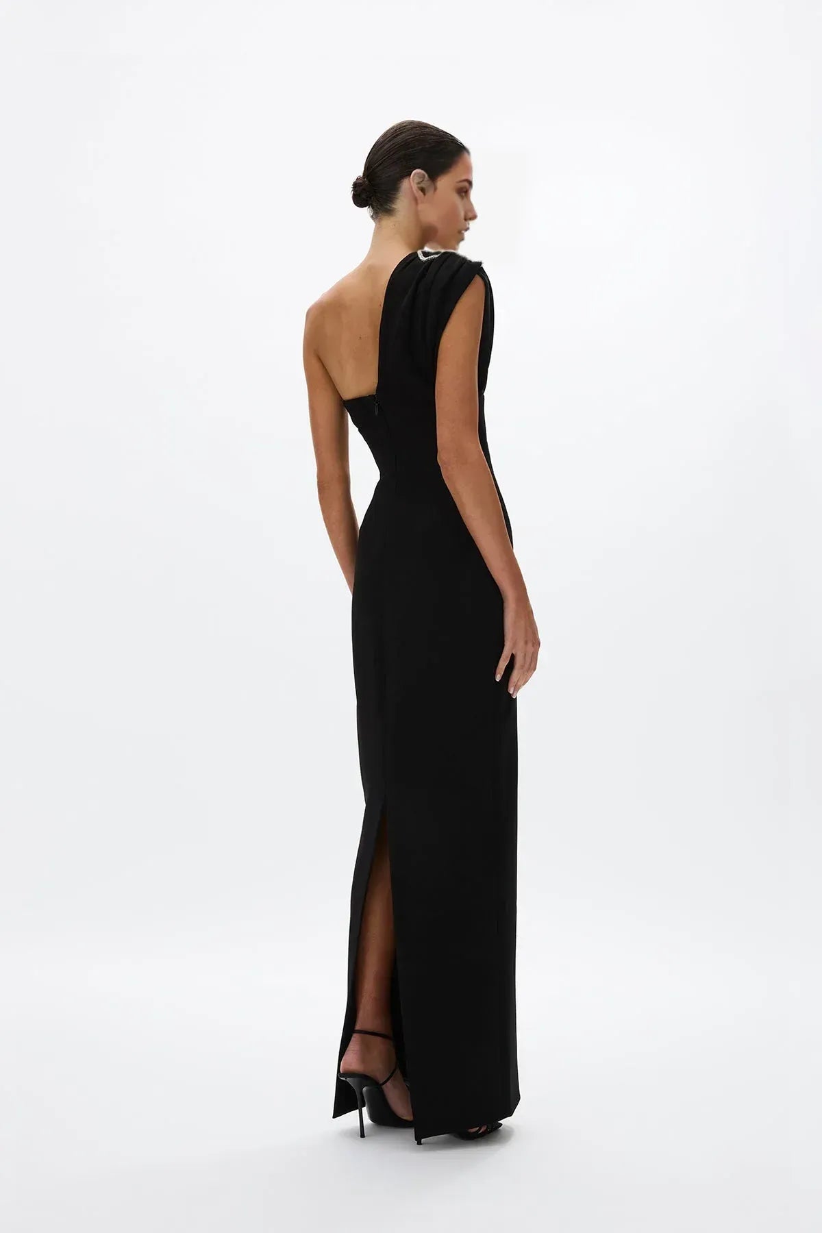 Ruched Sheath One Shoulder Sleeveless Cutout Back High Slit Floor Length For Sale Prom Dress