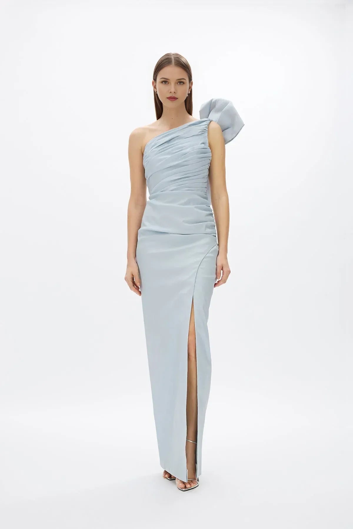 Ruched Sheath One Shoulder Sleeveless Open Back High Slit Floor Length Hot sale Prom Dress ﻿