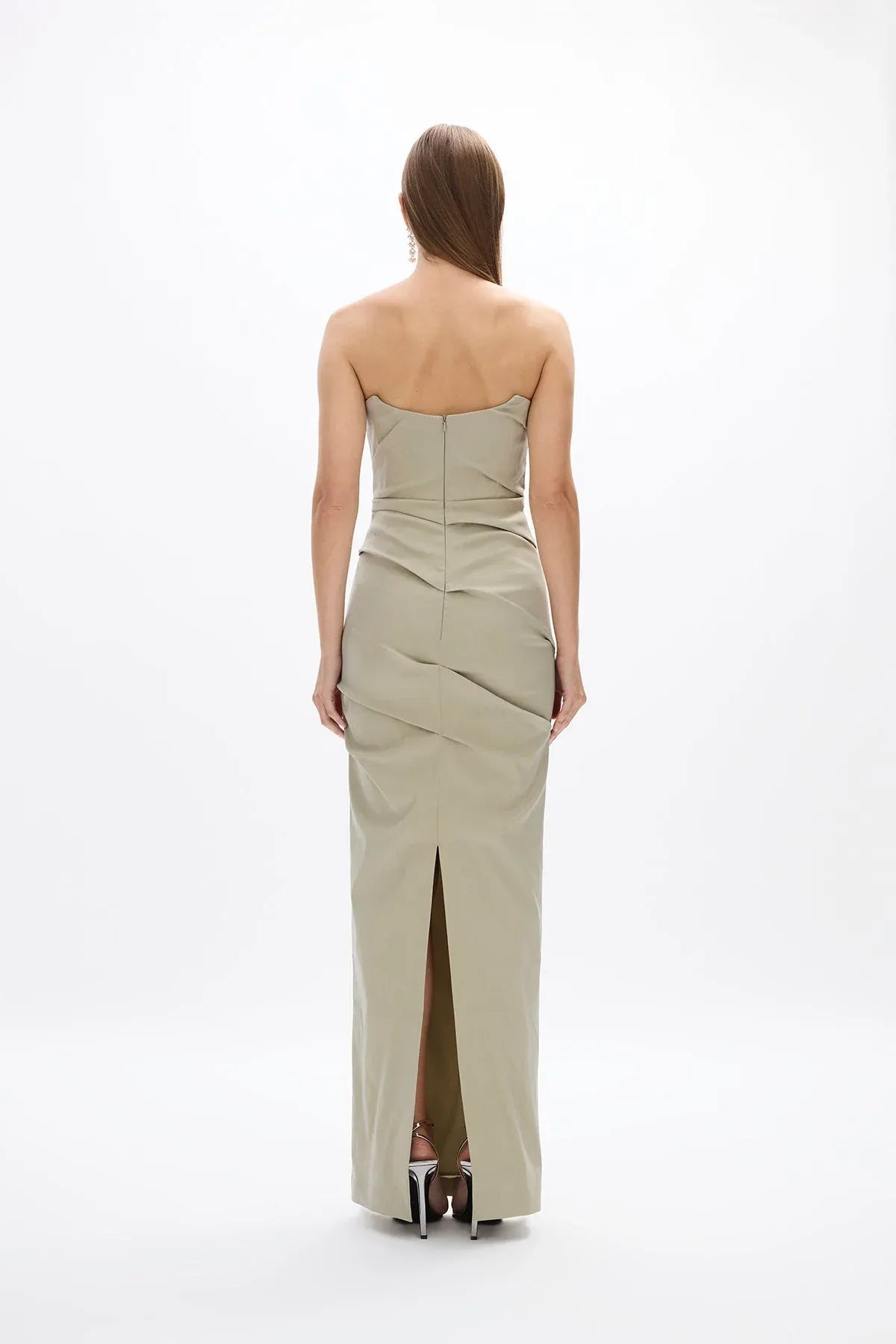 Ruched Sheath Strapless Sleeveless Zipper Back High Slit Floor Length Female Prom Dress