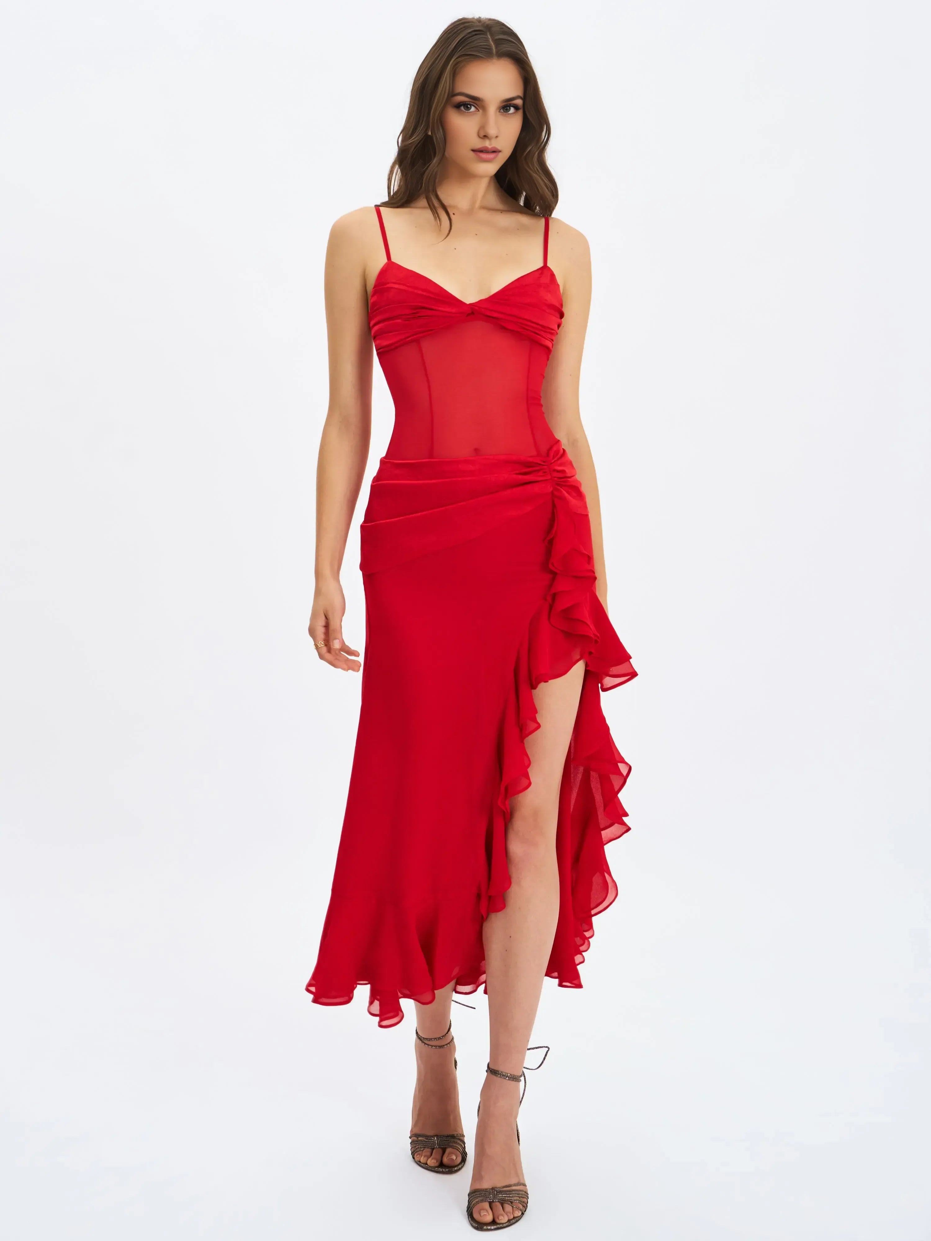 Ruched Sheath Sweetheart Neck Spaghetti Strap Zipper Back Asymmetrical Midi Length For Women Evening Dress