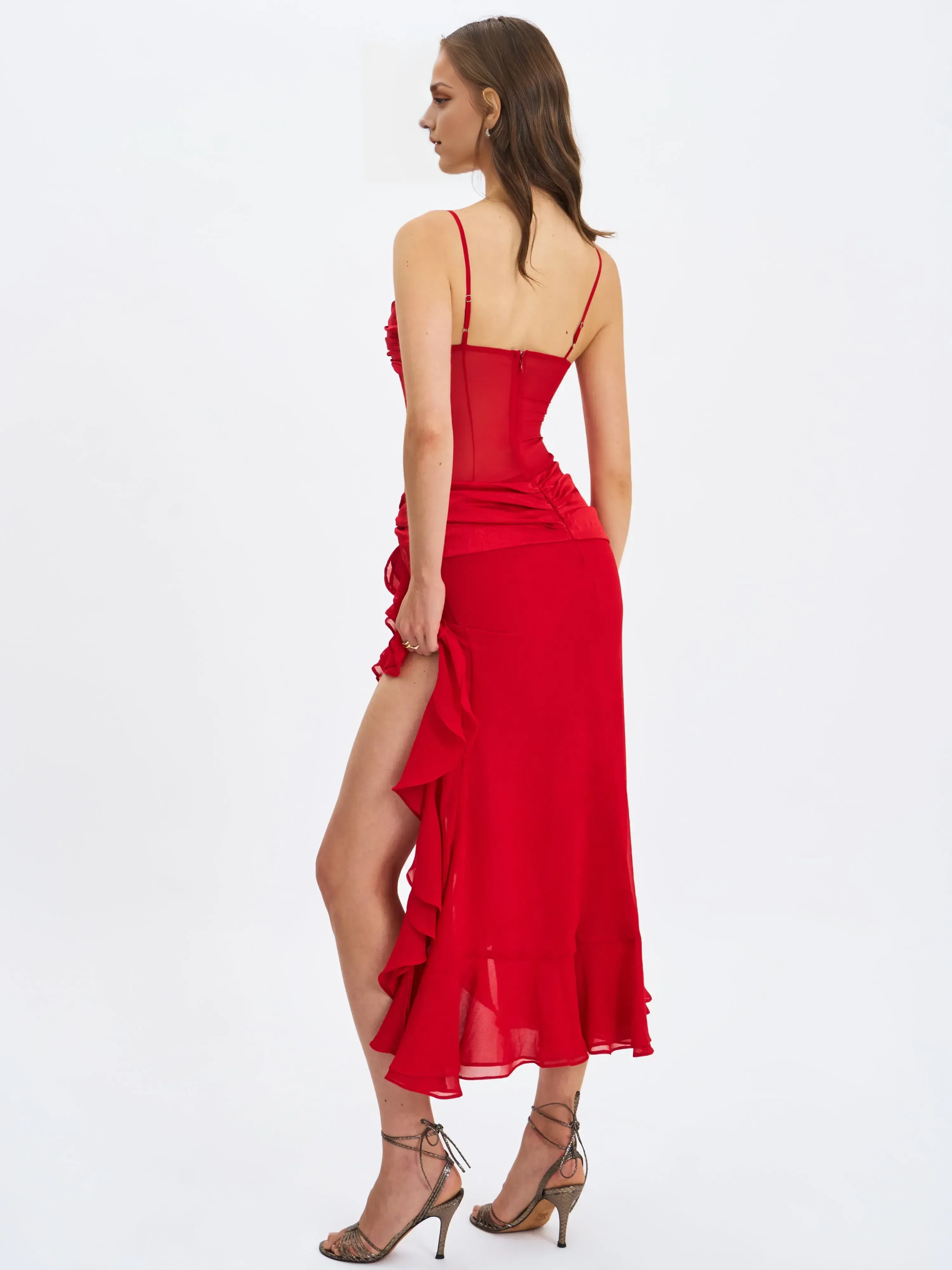 Ruched Sheath Sweetheart Neck Spaghetti Strap Zipper Back Asymmetrical Midi Length For Women Evening Dress