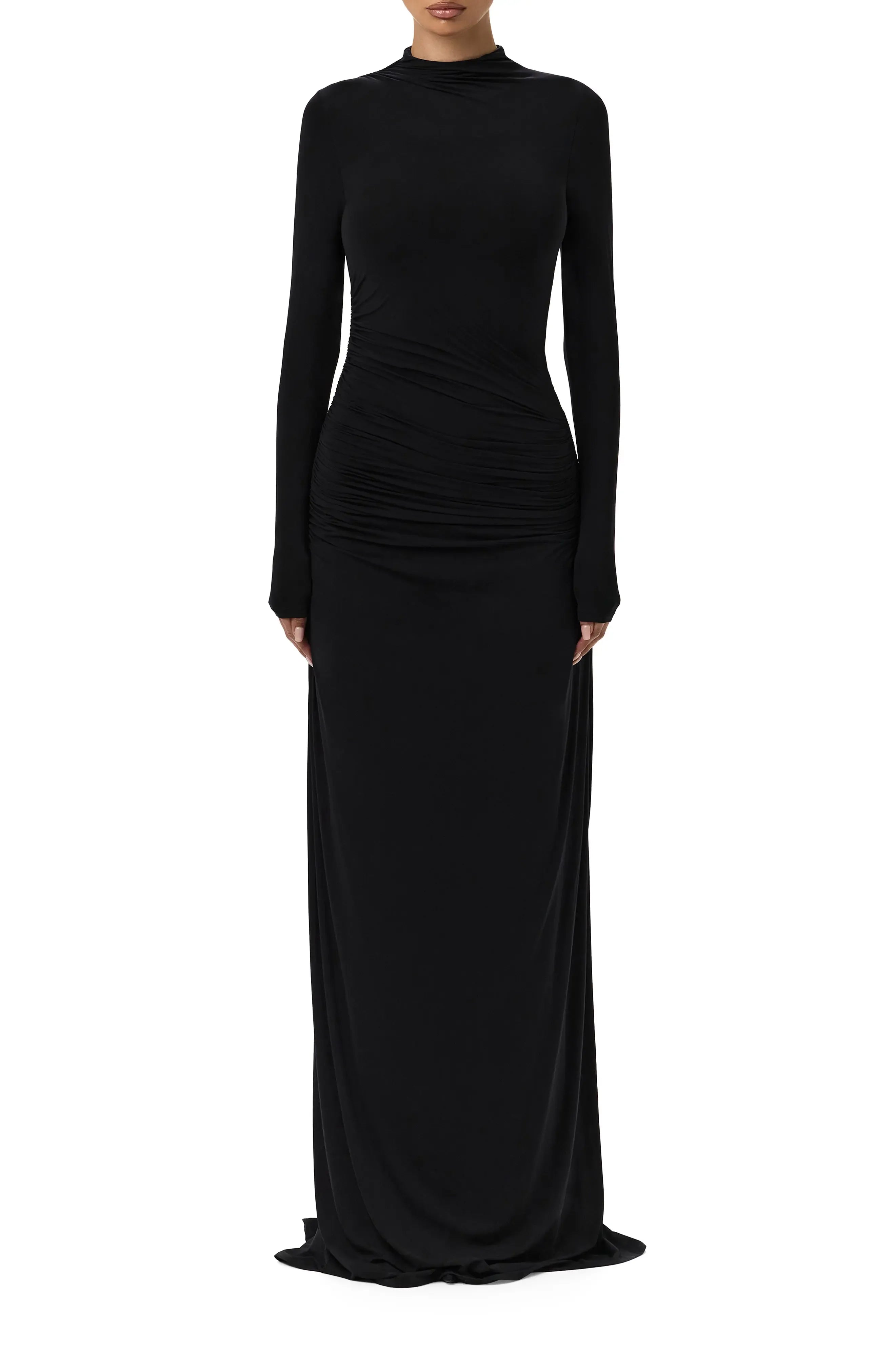 Ruched Trim Column Mock Neck Long Sleeve Zipper Back Train Length For Adults Evening Dress