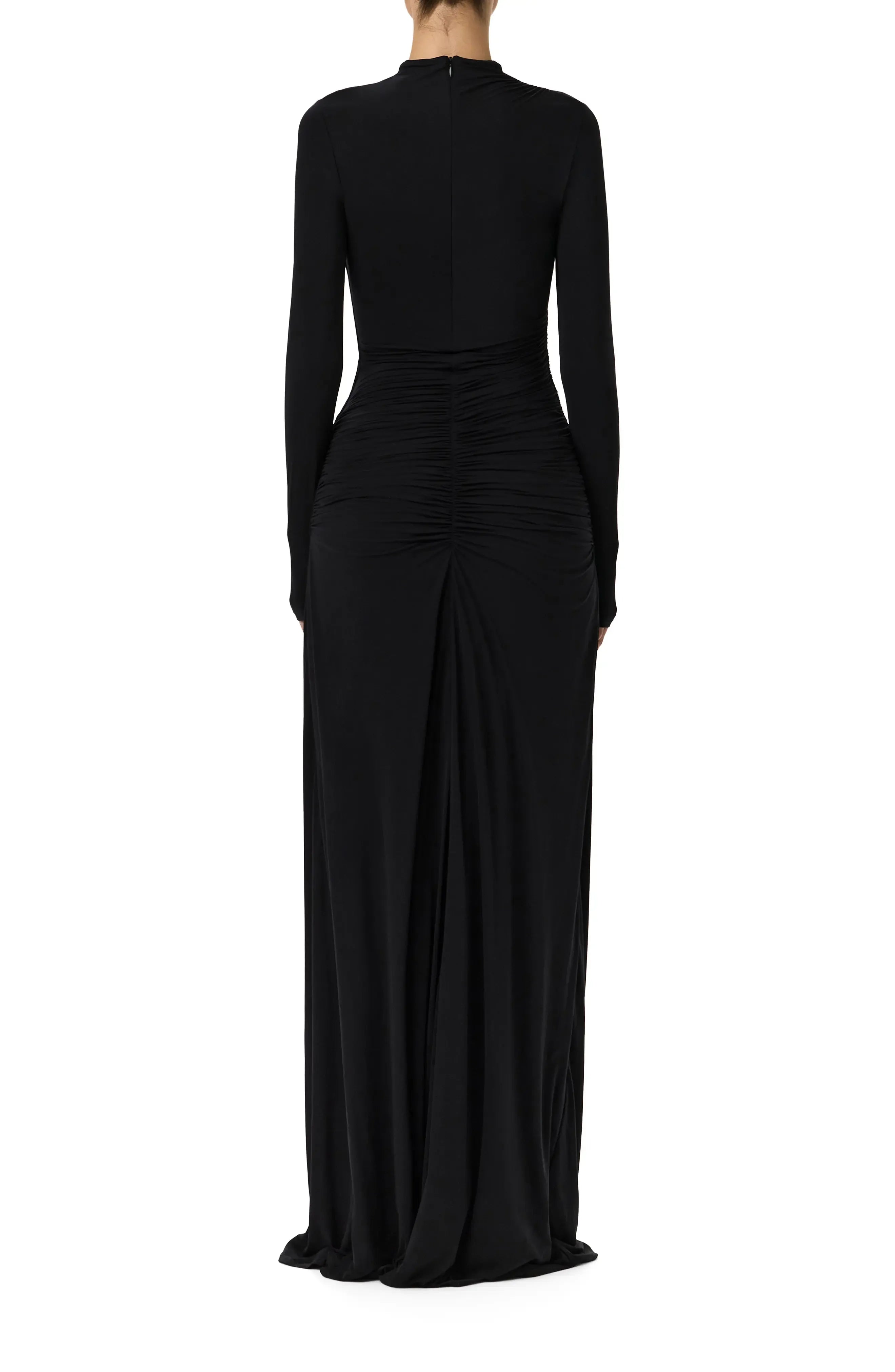 Ruched Trim Column Mock Neck Long Sleeve Zipper Back Train Length For Adults Evening Dress