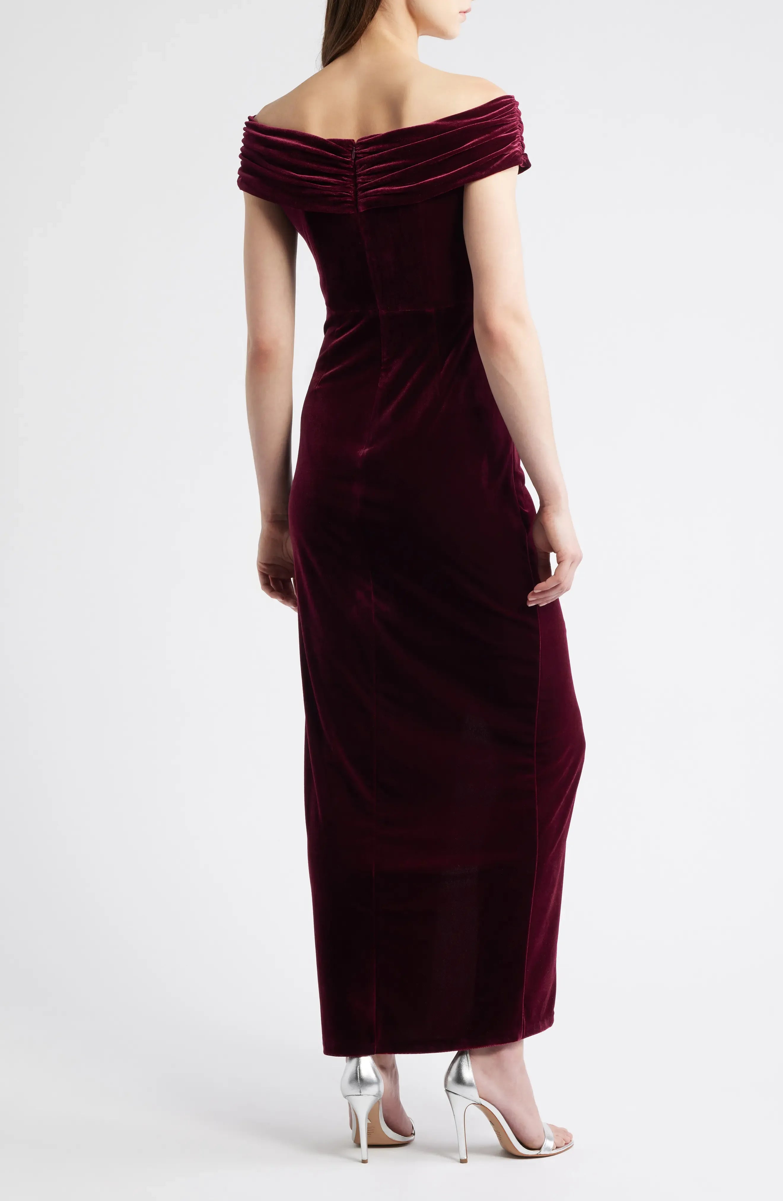 Ruched Trim Sheath Off the Shoulder Short Sleeve Open Back Midi Length Female Evening Dress