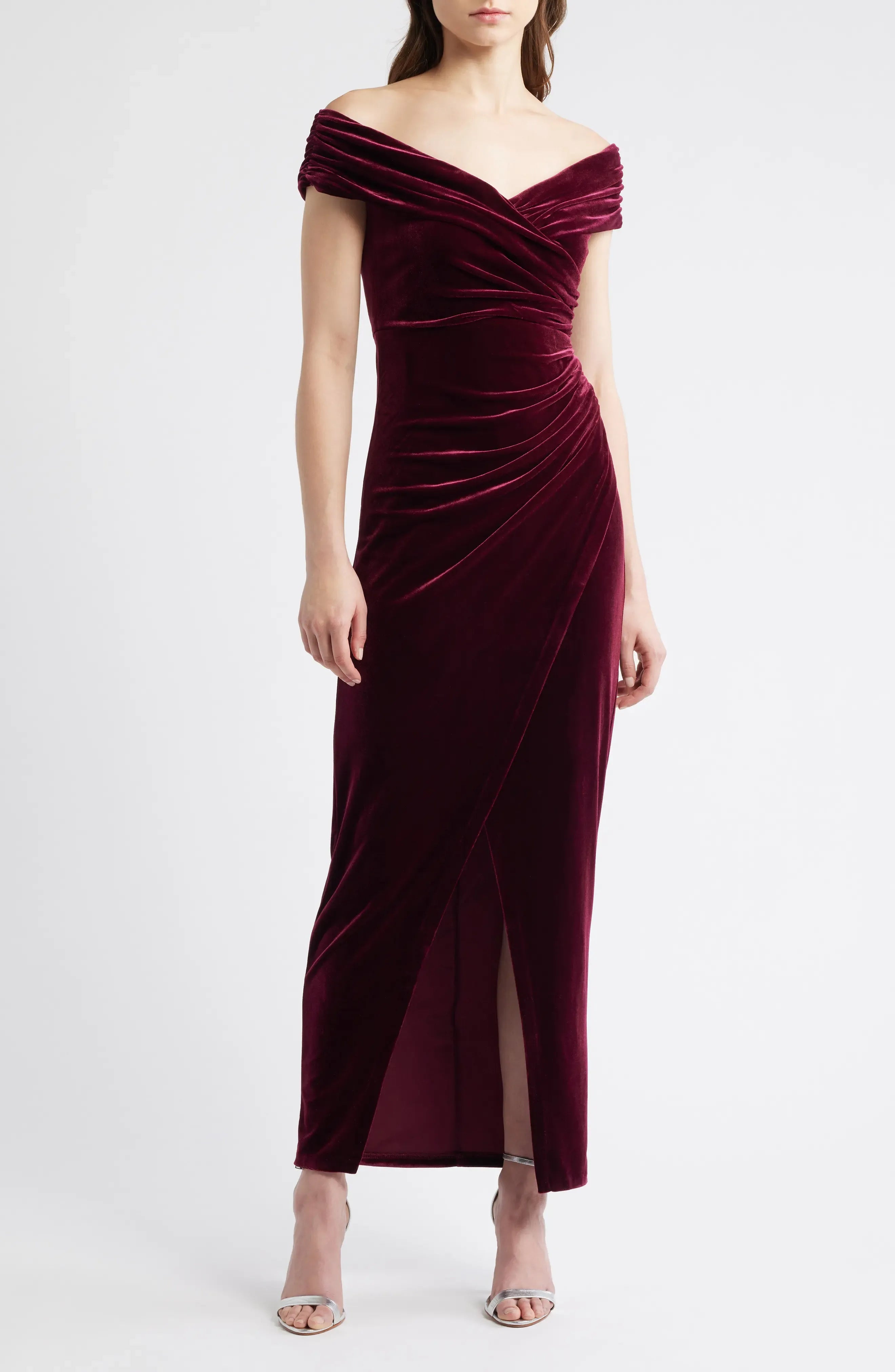 Ruched Trim Sheath Off the Shoulder Short Sleeve Open Back Midi Length Female Evening Dress