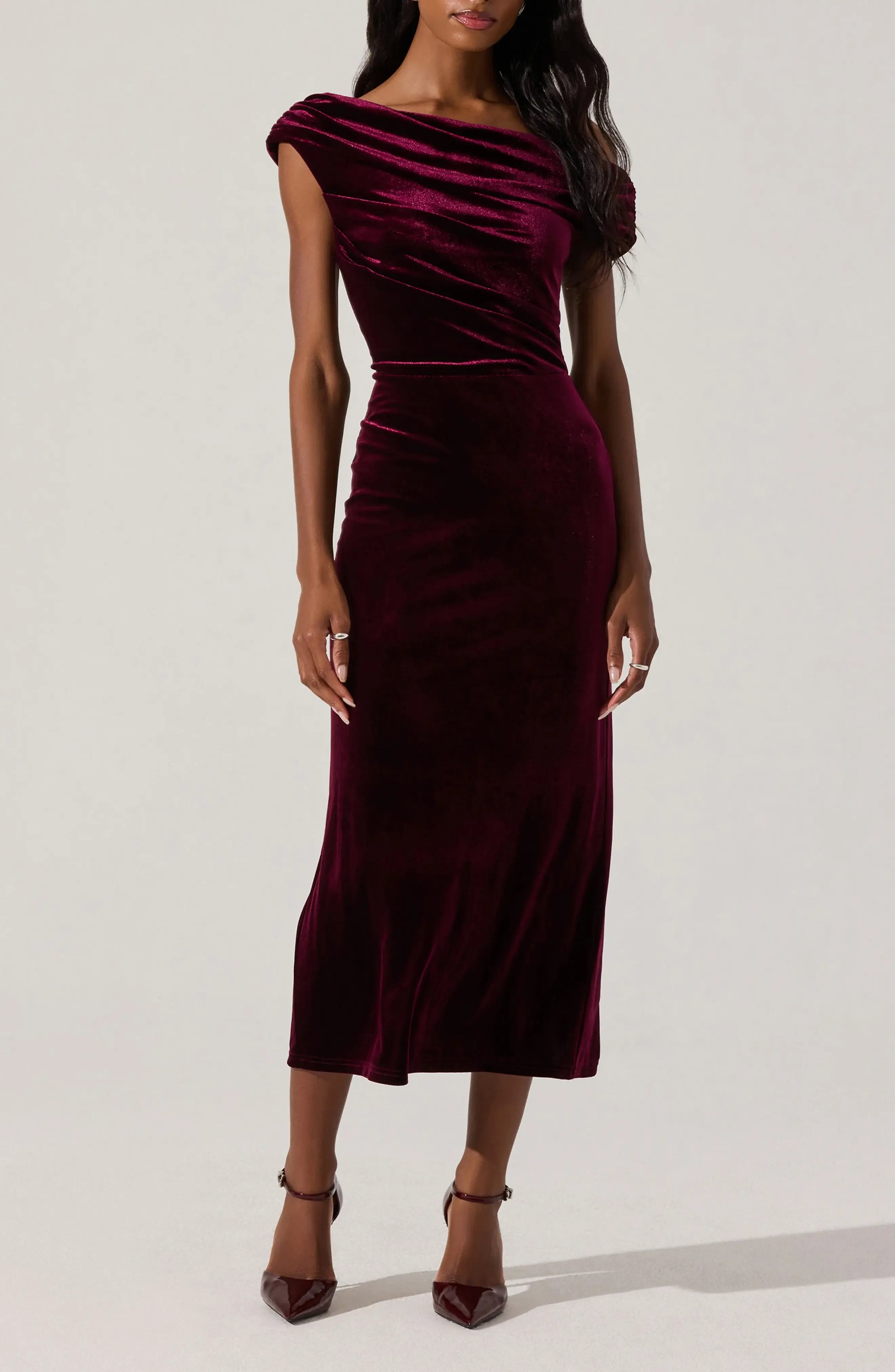 Ruched Velvet Sheath One Shoulder Sleeveless Zipper Back Midi Length Female Evening Dress