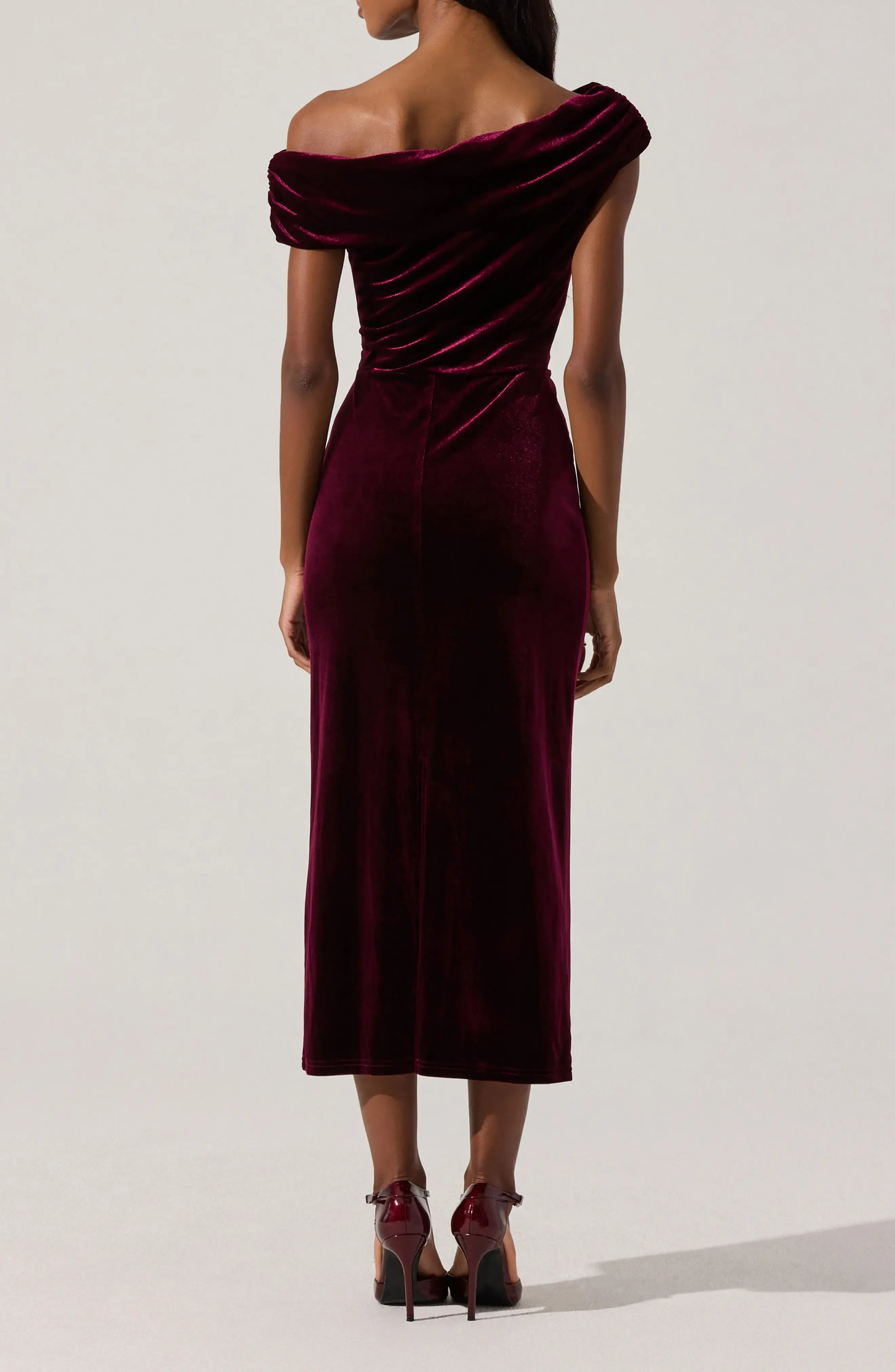 Ruched Velvet Sheath One Shoulder Sleeveless Zipper Back Midi Length Female Evening Dress