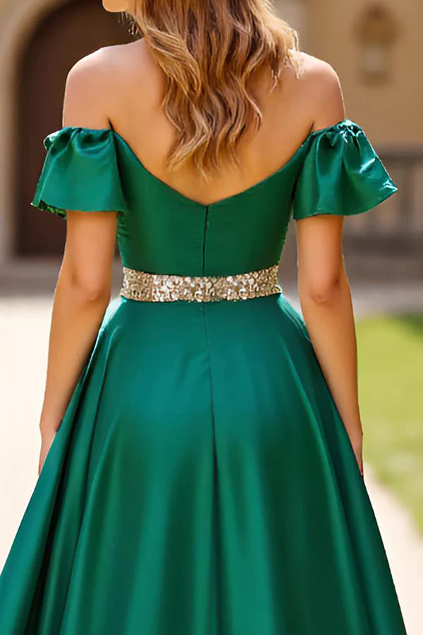 Ruched Dark Green Beaded Off The Shoulder Prom Dress with Slit simple gentle atmospheric and unique desi Bring summer colors to enhance whiteness
