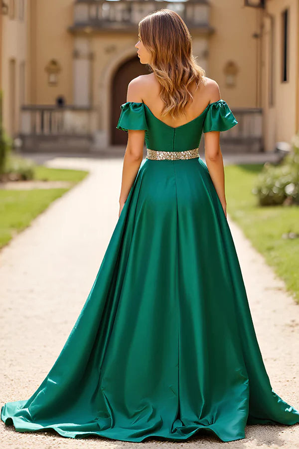 Ruched Dark Green Beaded Off The Shoulder Prom Dress with Slit simple gentle atmospheric and unique desi Bring summer colors to enhance whiteness