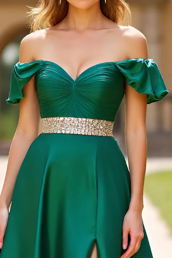 Ruched Dark Green Beaded Off The Shoulder Prom Dress with Slit simple gentle atmospheric and unique desi Bring summer colors to enhance whiteness