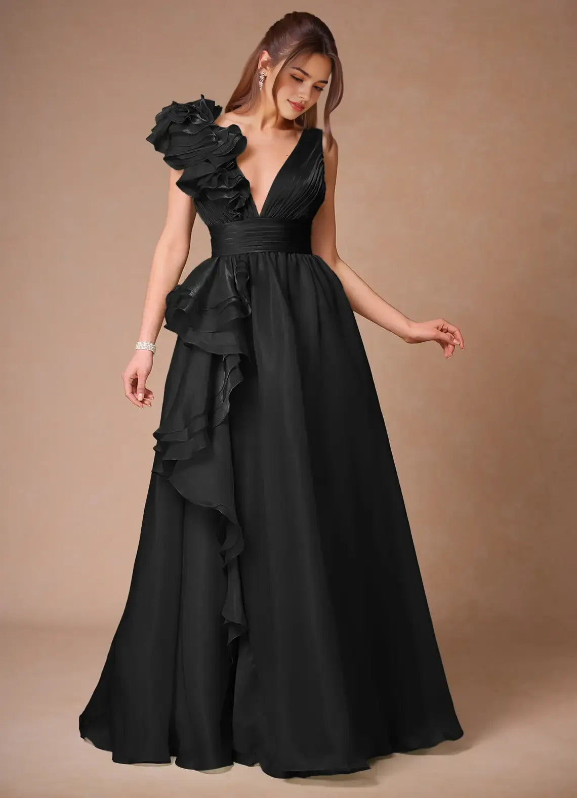 Ruffled A Line Plunging V Neck Sleeveless Deep Open Back Floor Length For Sale Evening Dress