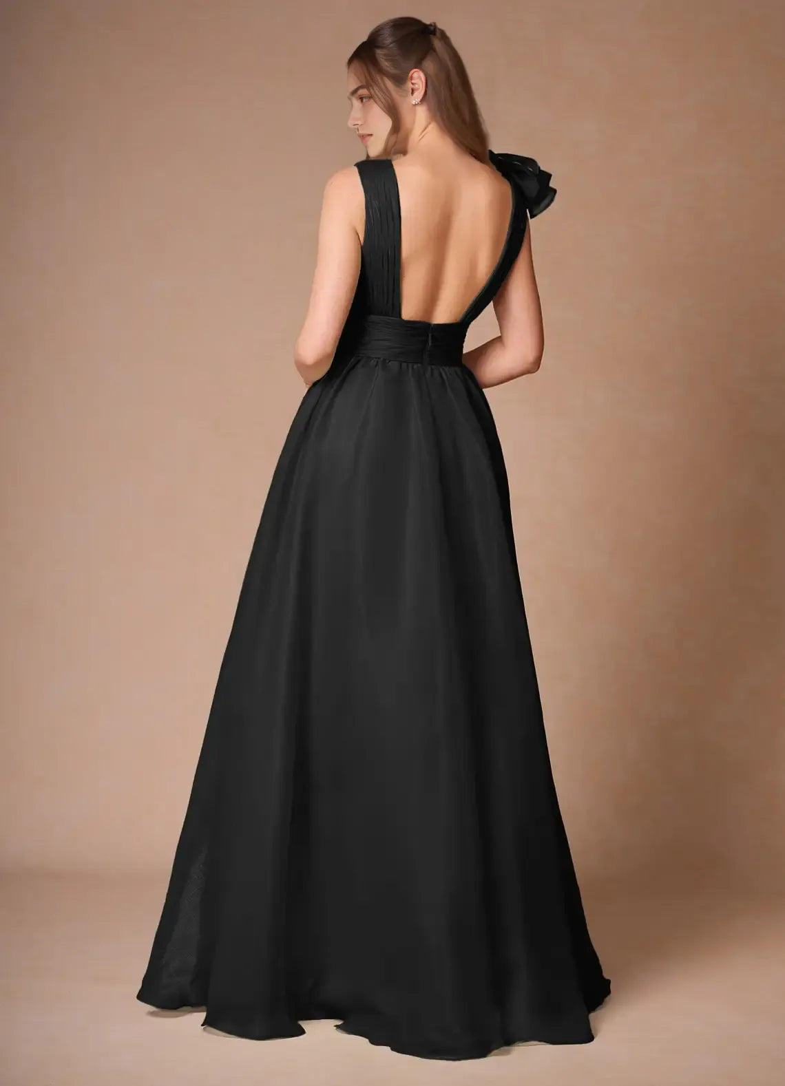 Ruffled A Line Plunging V Neck Sleeveless Deep Open Back Floor Length For Sale Evening Dress