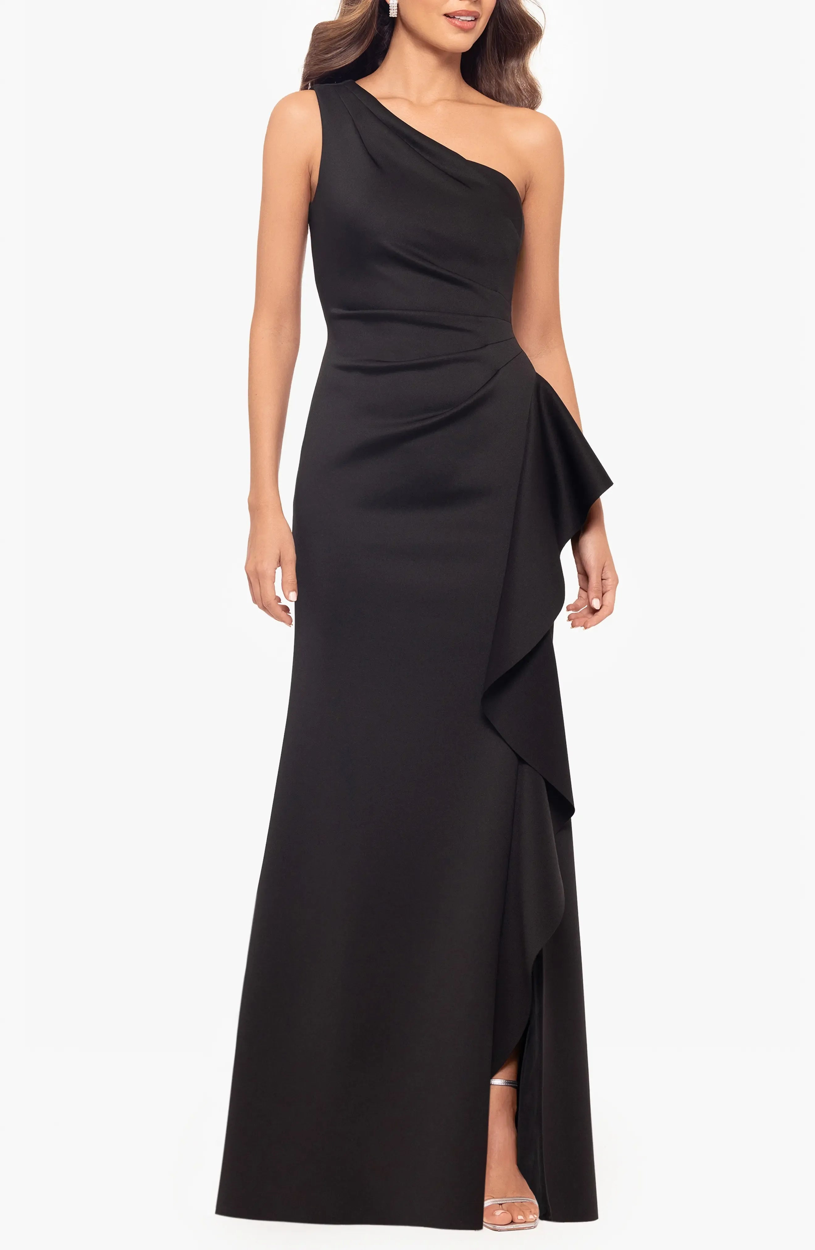 Ruffled Accent Trumpet One Shoulder Sleeveless Zipper Back Floor Length For Ladies Evening Dress