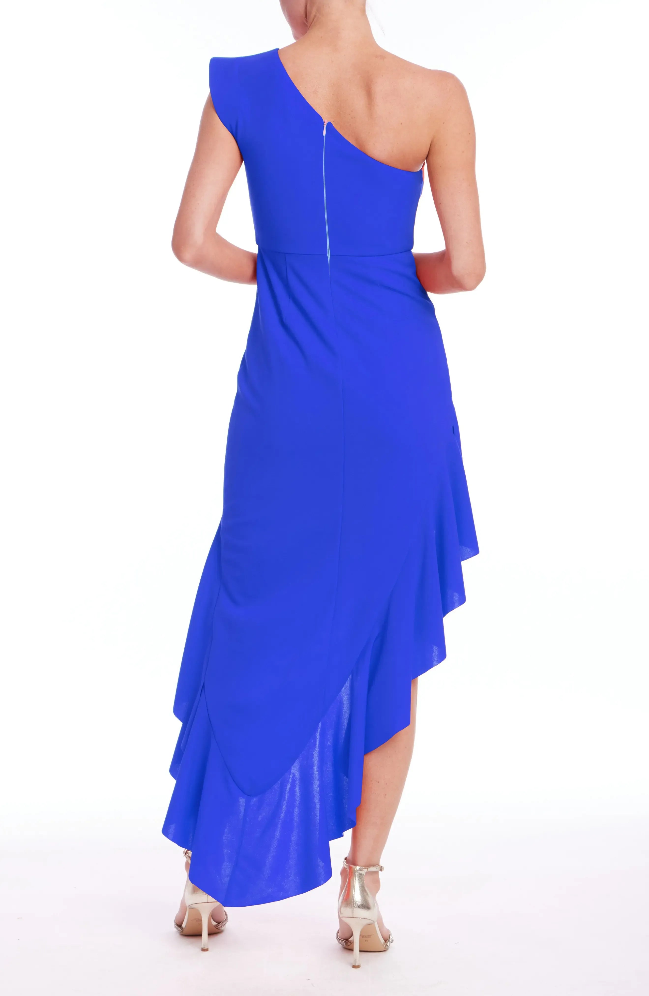 Ruffled Asymmetrical One Shoulder Single Sleeve Zipper Back High Low Length For Ladies Evening Dress