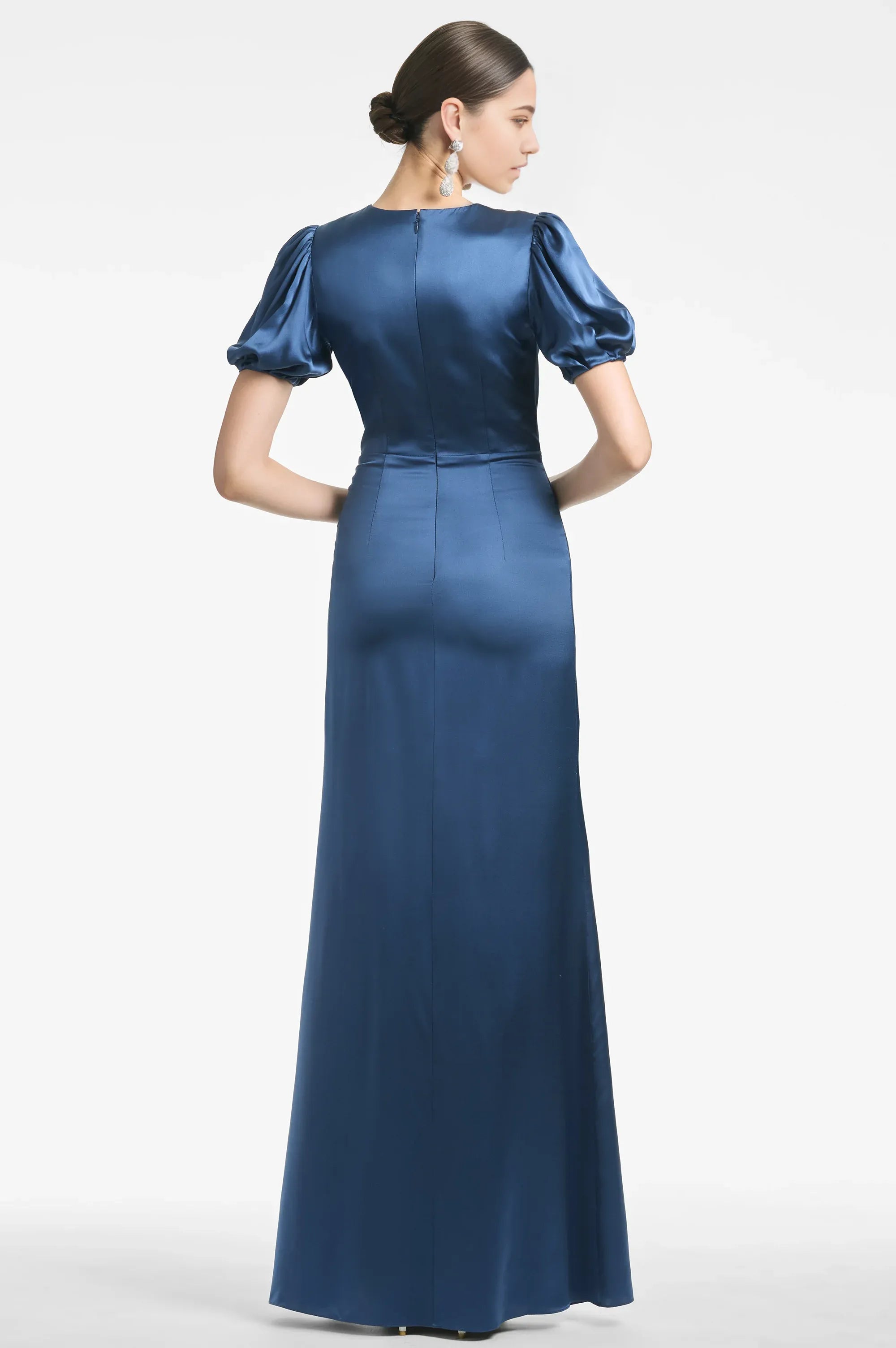 Ruffled Puff Sleeve Sheath V Neck Short Sleeve Zipper Back Floor Length For Women Evening Dress
