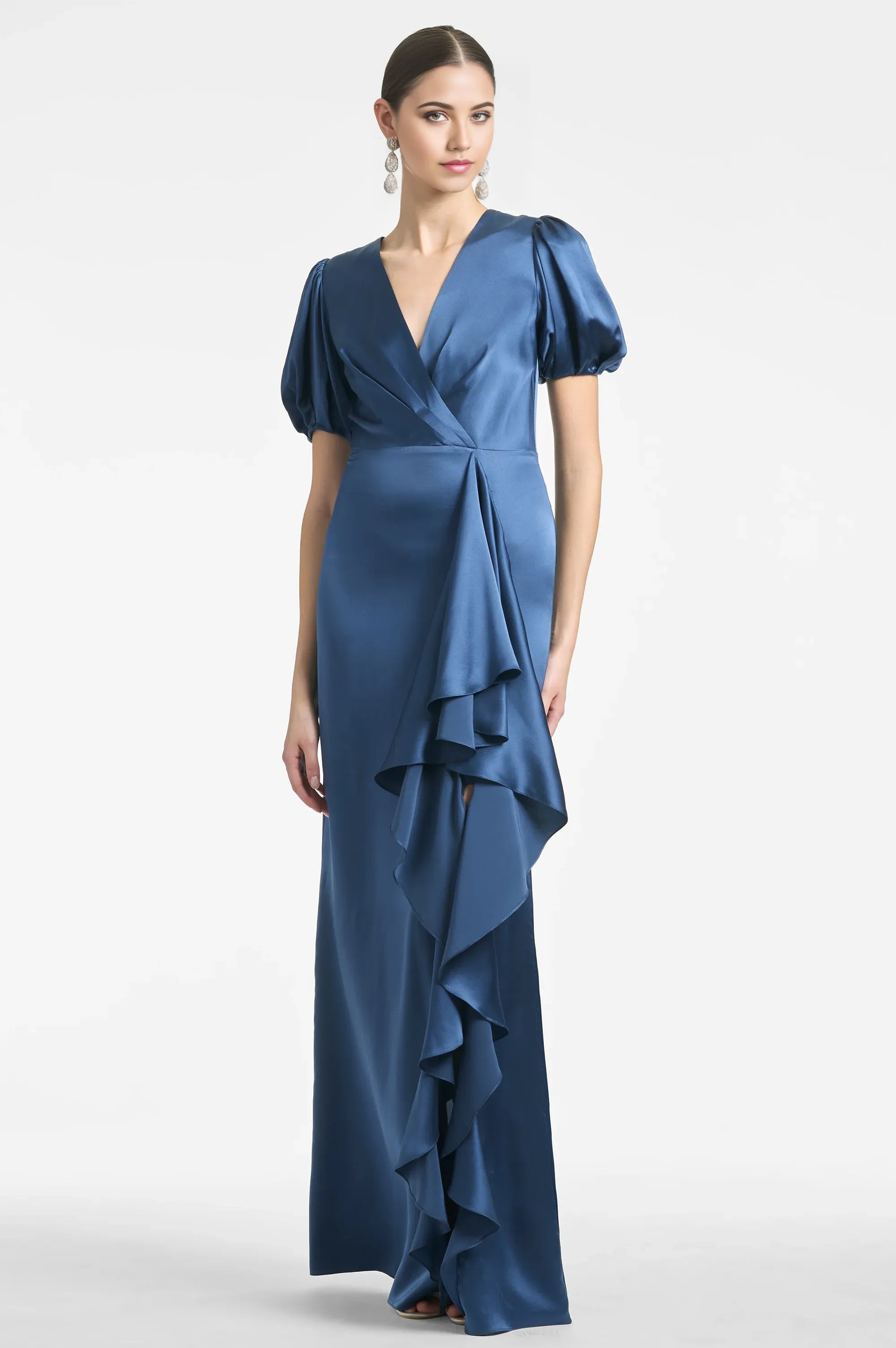 Ruffled Puff Sleeve Sheath V Neck Short Sleeve Zipper Back Floor Length For Women Evening Dress