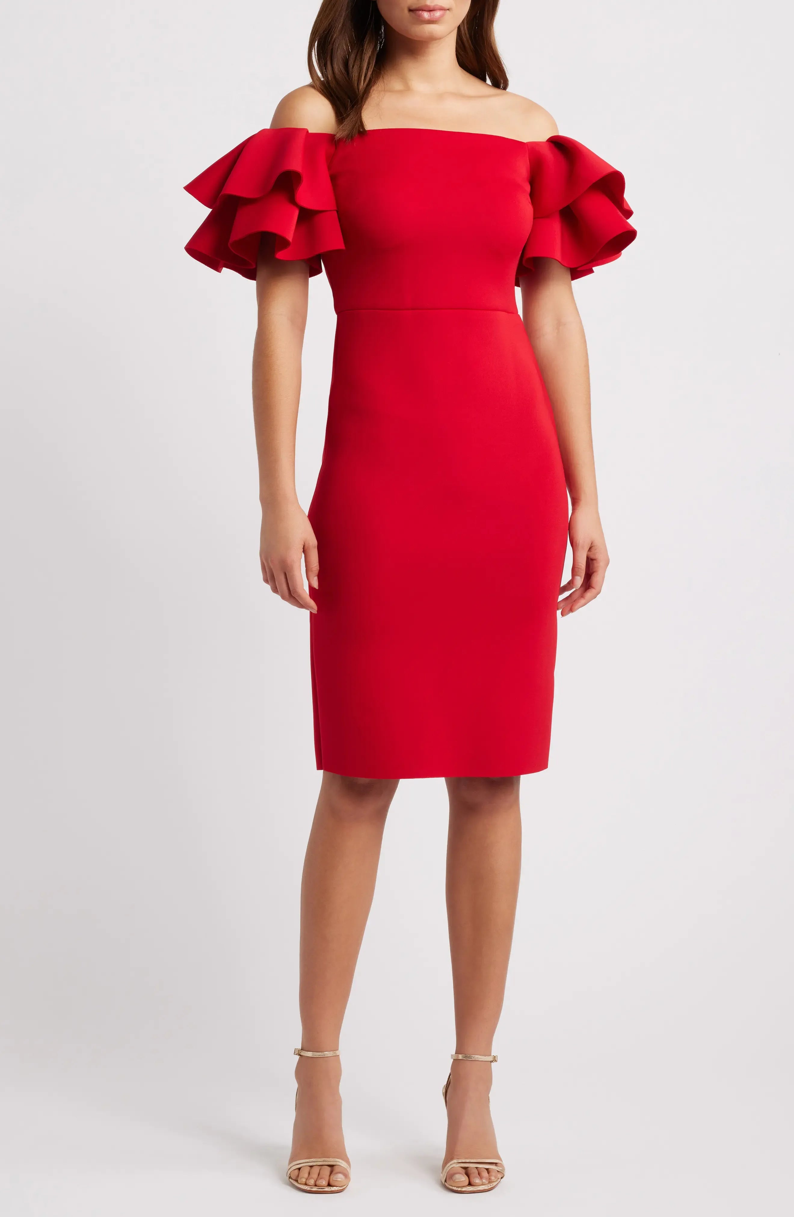 Ruffled Sheath Off the Shoulder Flounce Sleeve Zipper Back Midi Length For Ladies Evening Dress