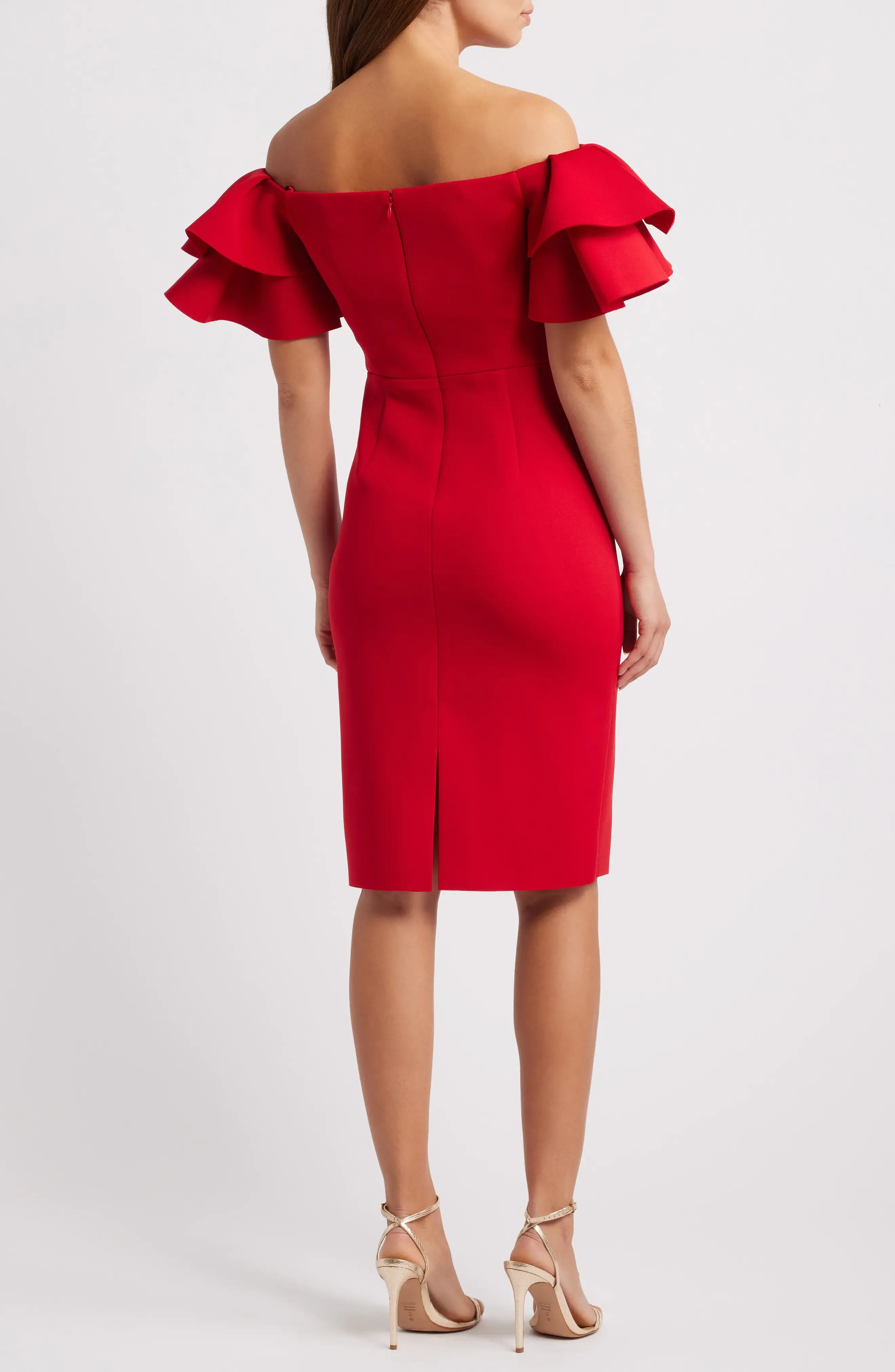 Ruffled Sheath Off the Shoulder Flounce Sleeve Zipper Back Midi Length For Ladies Evening Dress