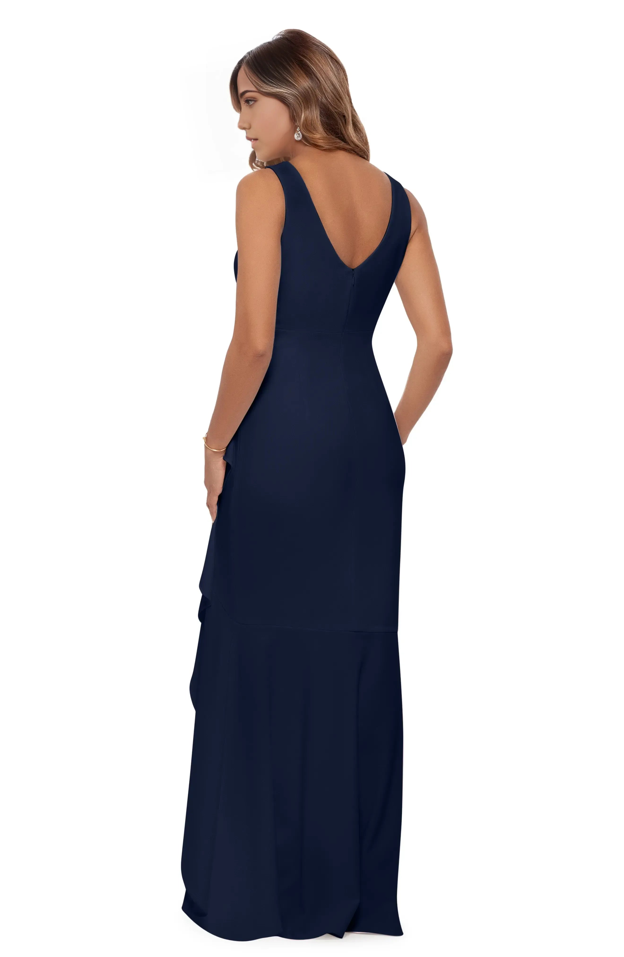 Ruffled Trim Trumpet V Neck Sleeveless Scoop Back High Low Floor Length For Adults Evening Dress