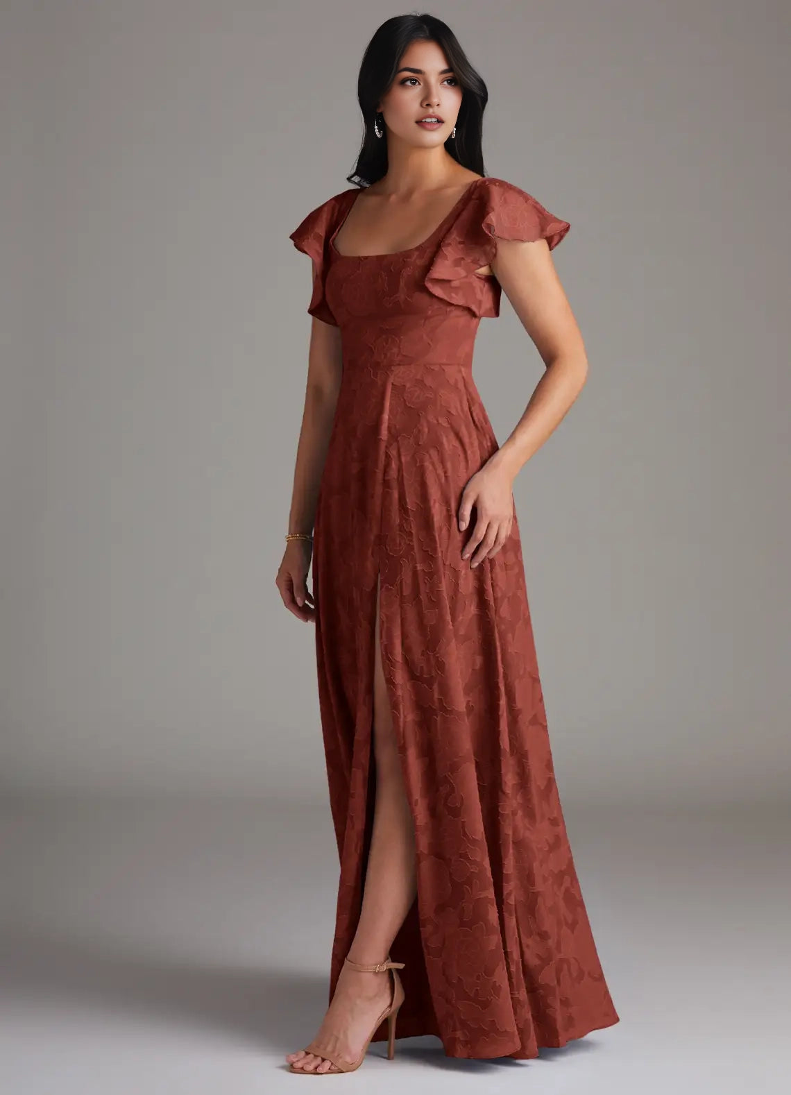 Rust Floral Jacquard Square Neck Maxi Dress with Flutter Sleeves and Side Slit Terracotta A-Line Side Slit Floral Burnout Dress Bridesmaid Dresses