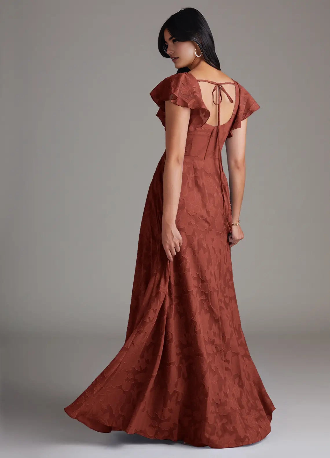 Rust Floral Jacquard Square Neck Maxi Dress with Flutter Sleeves and Side Slit Terracotta A-Line Side Slit Floral Burnout Dress Bridesmaid Dresses