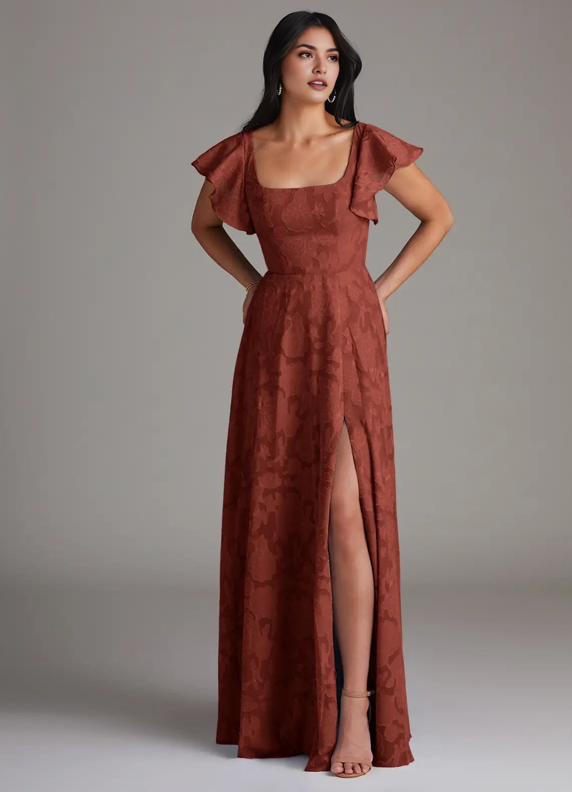 Rust Floral Jacquard Square Neck Maxi Dress with Flutter Sleeves and Side Slit Terracotta A-Line Side Slit Floral Burnout Dress Bridesmaid Dresses