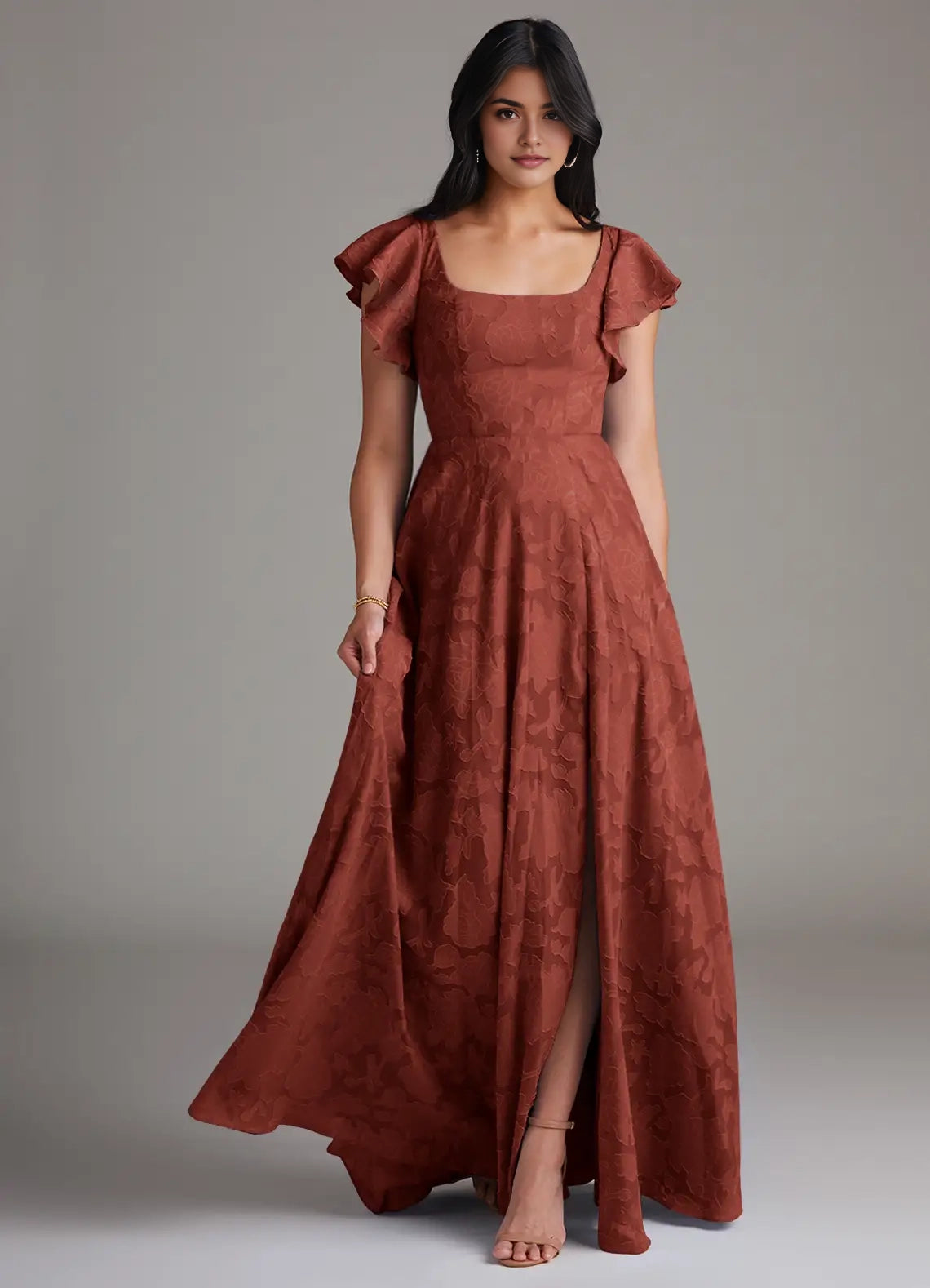 Rust Floral Jacquard Square Neck Maxi Dress with Flutter Sleeves and Side Slit Terracotta A-Line Side Slit Floral Burnout Dress Bridesmaid Dresses