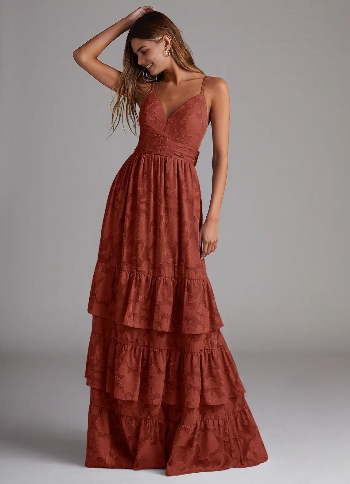 Rust Red Floral Jacquard Tiered Maxi Dress with Bow Back A-Line Bow Floral Burnout Dress Bridesmaid Dresses