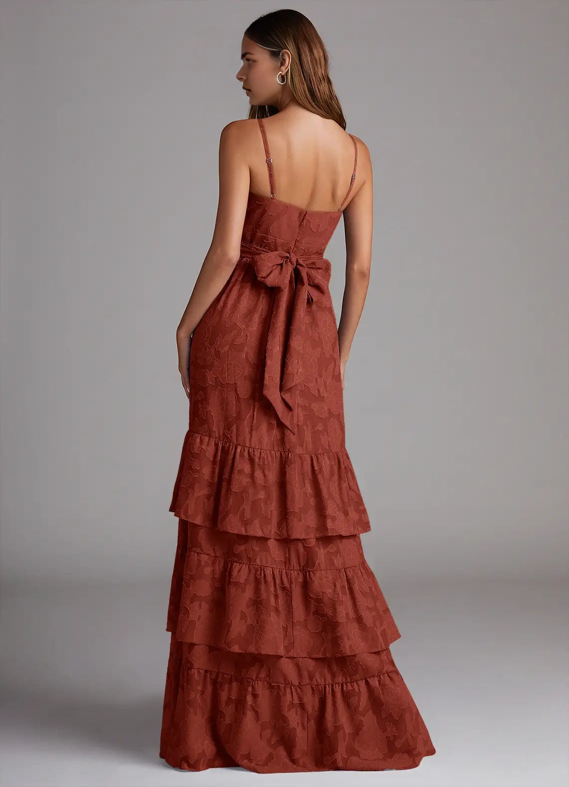 Rust Red Floral Jacquard Tiered Maxi Dress with Bow Back A-Line Bow Floral Burnout Dress Bridesmaid Dresses