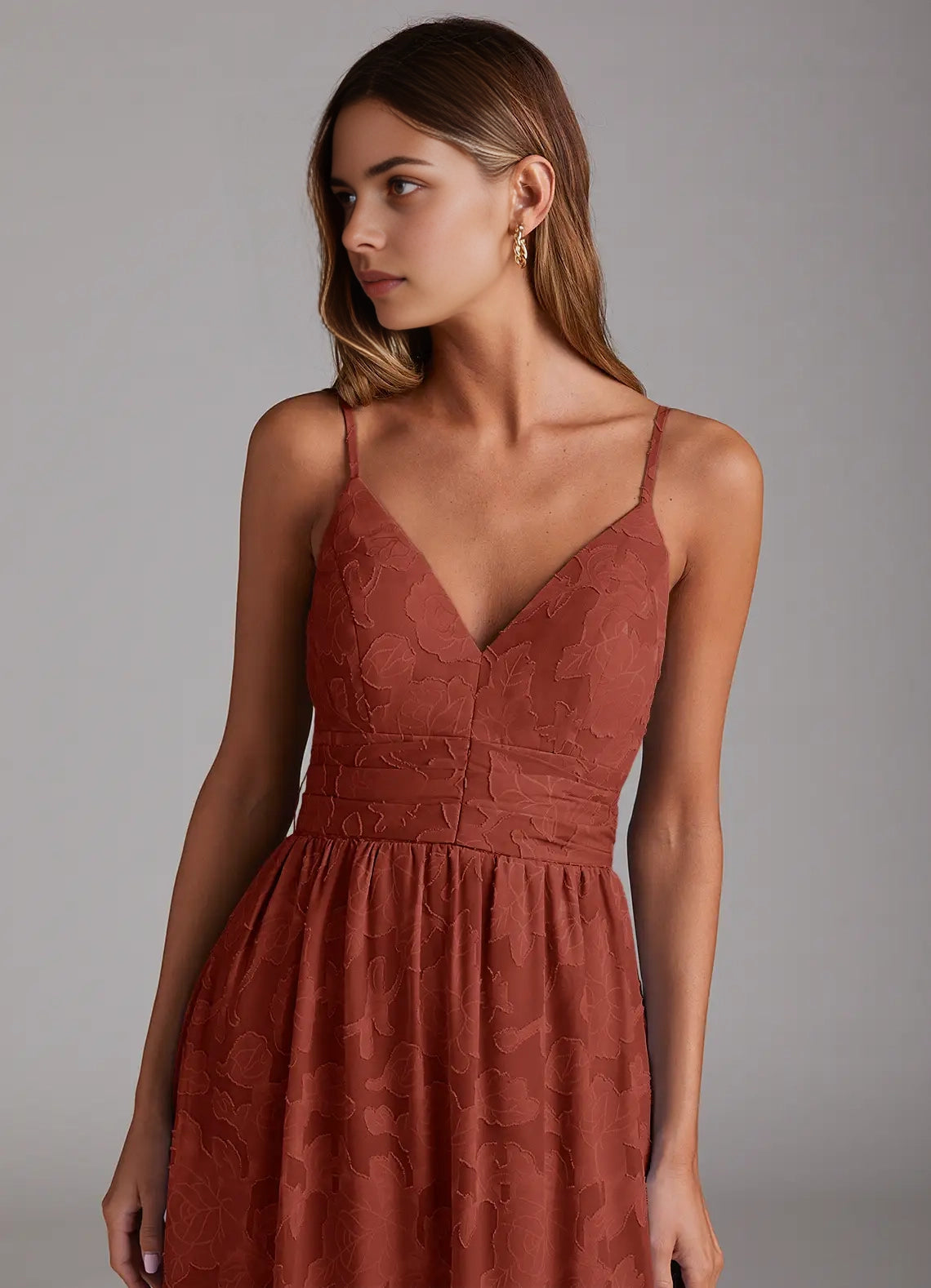 Rust Red Floral Jacquard Tiered Maxi Dress with Bow Back A-Line Bow Floral Burnout Dress Bridesmaid Dresses