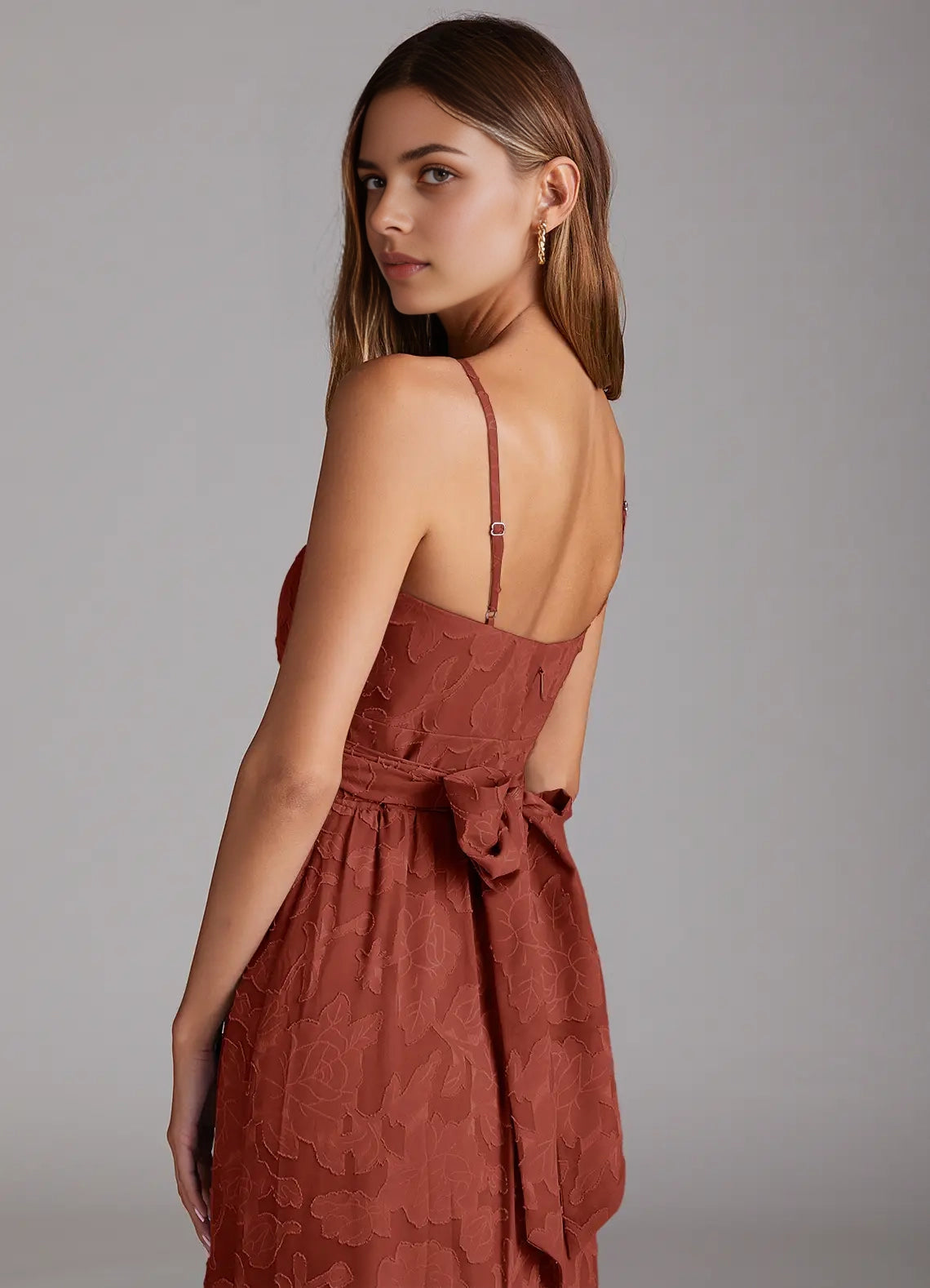 Rust Red Floral Jacquard Tiered Maxi Dress with Bow Back A-Line Bow Floral Burnout Dress Bridesmaid Dresses