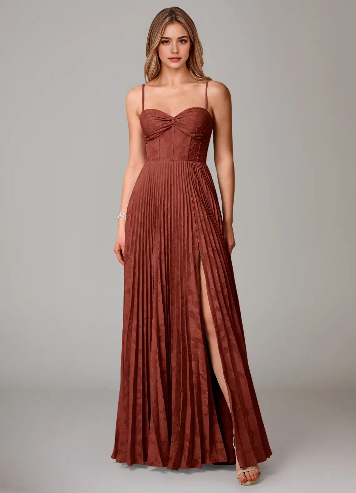 Rust Red Pleated Sweetheart Neck Maxi Dress with Side Slit A-Line Sweetheart Neckline Floral Burnout Dress Bridesmaid Dresses