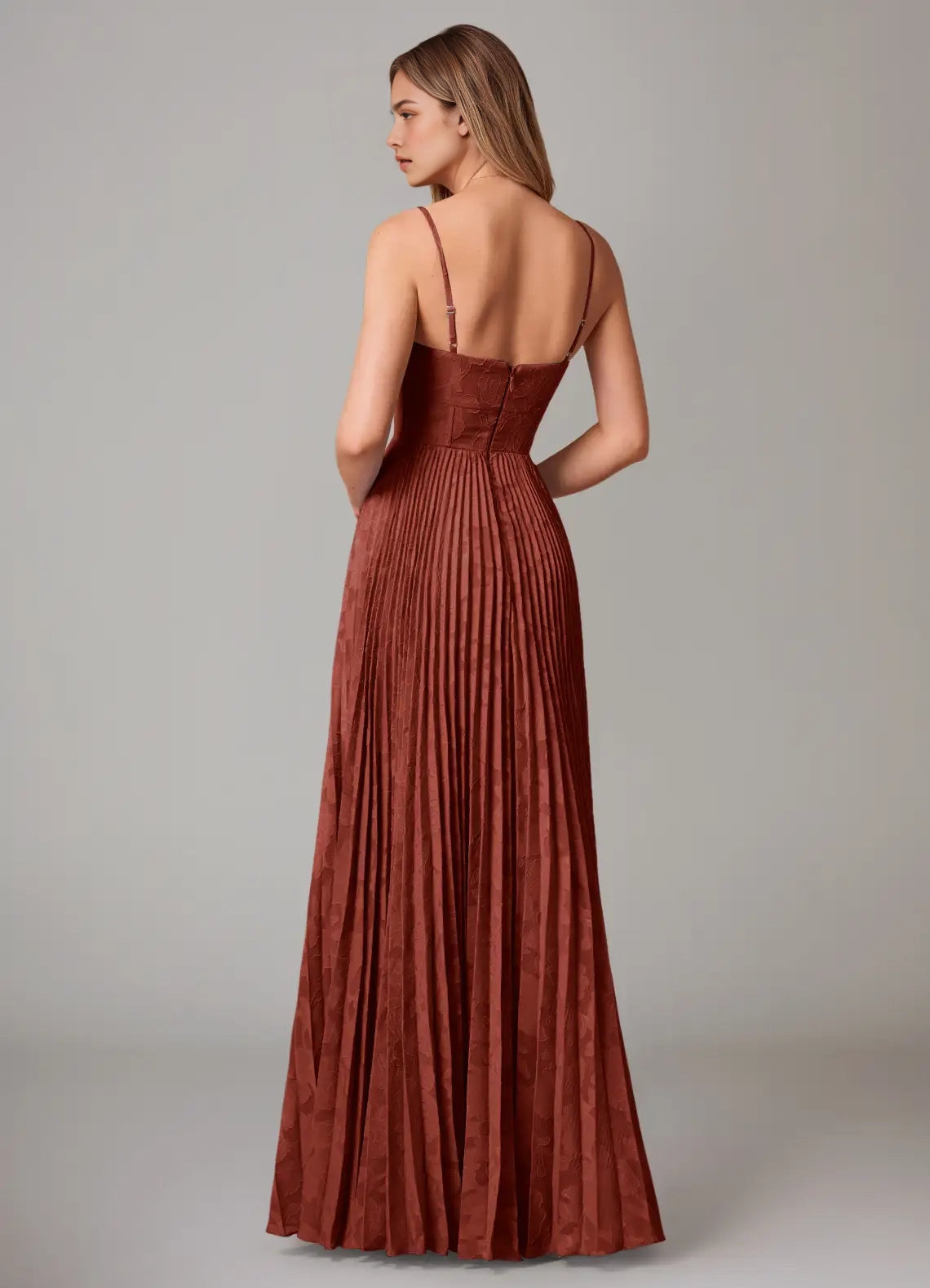 Rust Red Pleated Sweetheart Neck Maxi Dress with Side Slit A-Line Sweetheart Neckline Floral Burnout Dress Bridesmaid Dresses