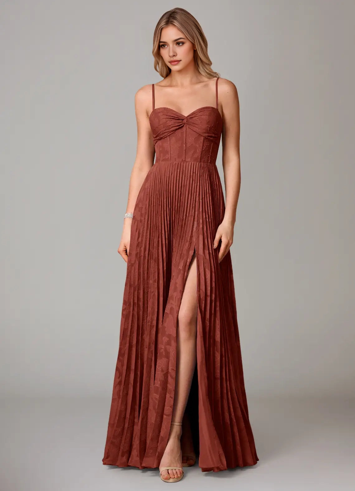 Rust Red Pleated Sweetheart Neck Maxi Dress with Side Slit A-Line Sweetheart Neckline Floral Burnout Dress Bridesmaid Dresses