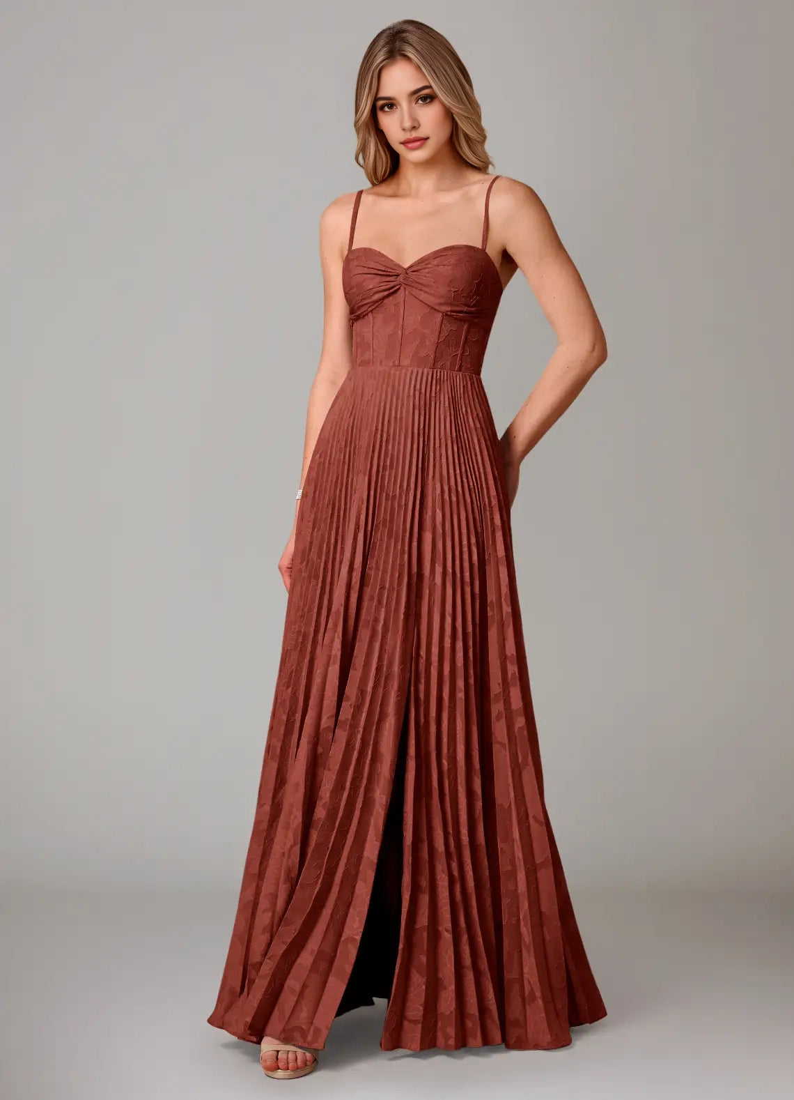 Rust Red Pleated Sweetheart Neck Maxi Dress with Side Slit A-Line Sweetheart Neckline Floral Burnout Dress Bridesmaid Dresses
