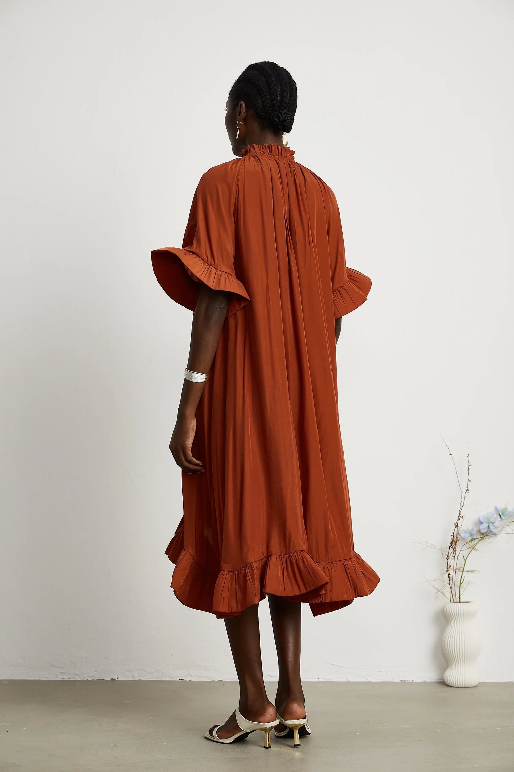 Rust Red Ruffled Midi Dress with Tie Neck ruffled midi dress Evening Dress