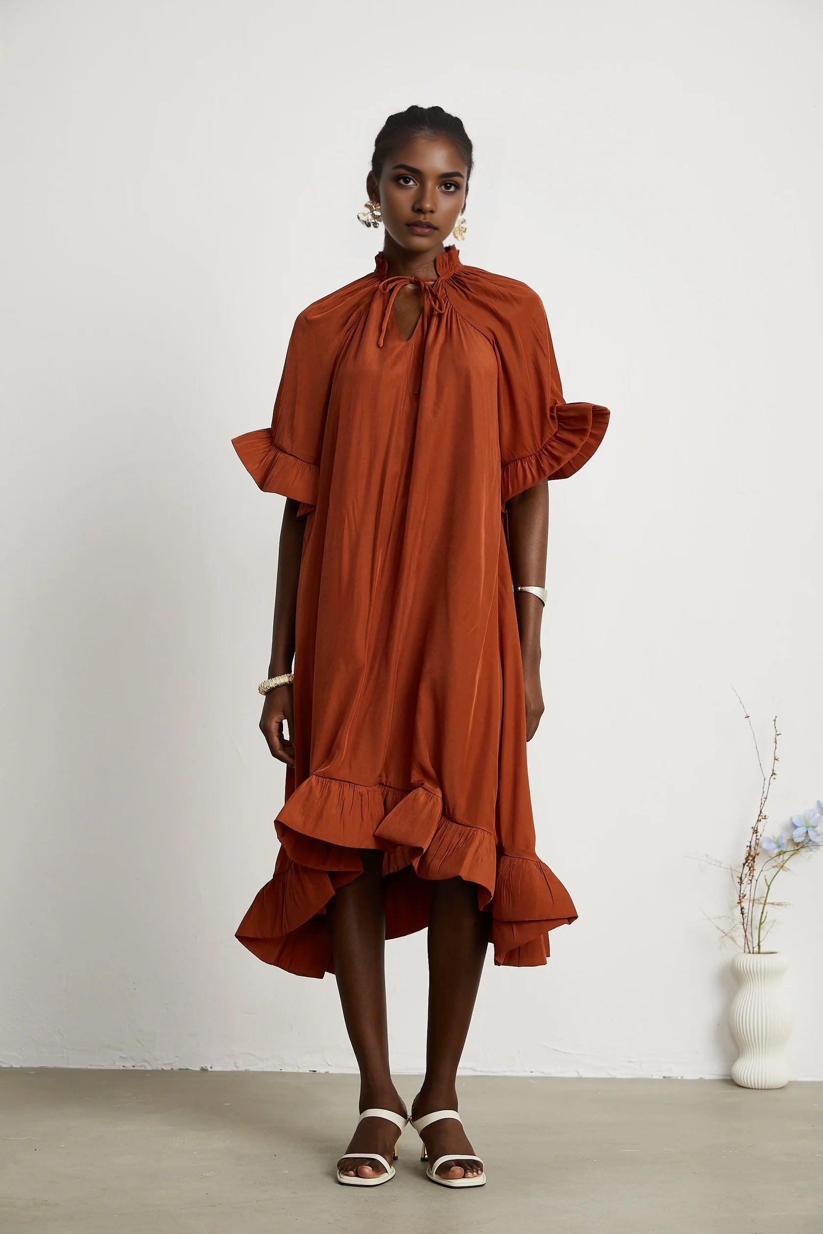 Rust Red Ruffled Midi Dress with Tie Neck ruffled midi dress Evening Dress