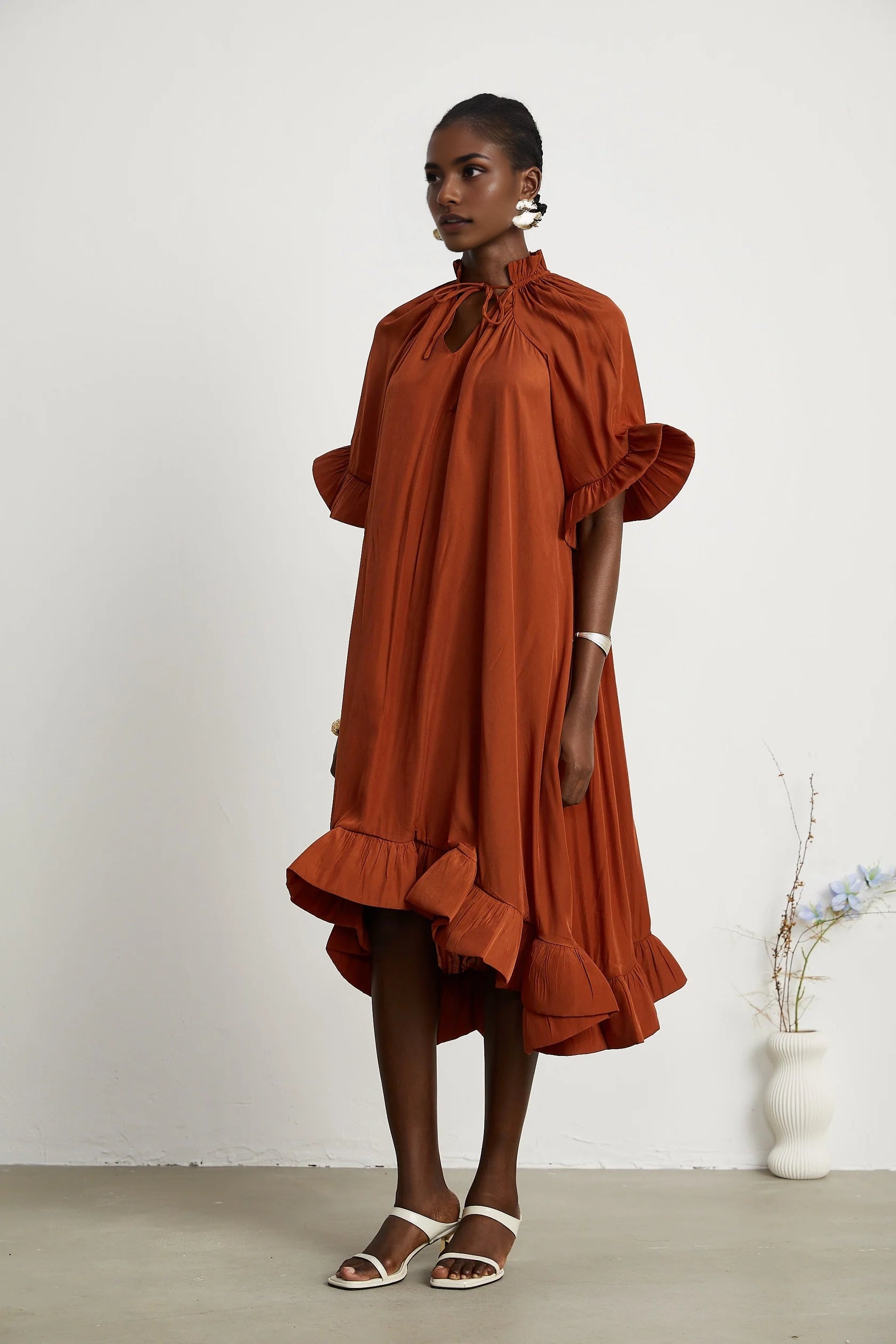 Rust Red Ruffled Midi Dress with Tie Neck ruffled midi dress Evening Dress