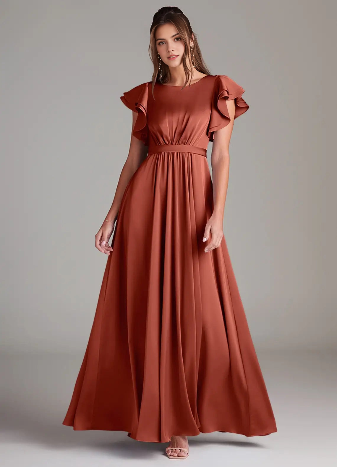 Satin Ruffled Sleeve  Evening Dress A-Line Ruched Stretch Satin Floor-Length Dress Terracotta Bridesmaid Dresses