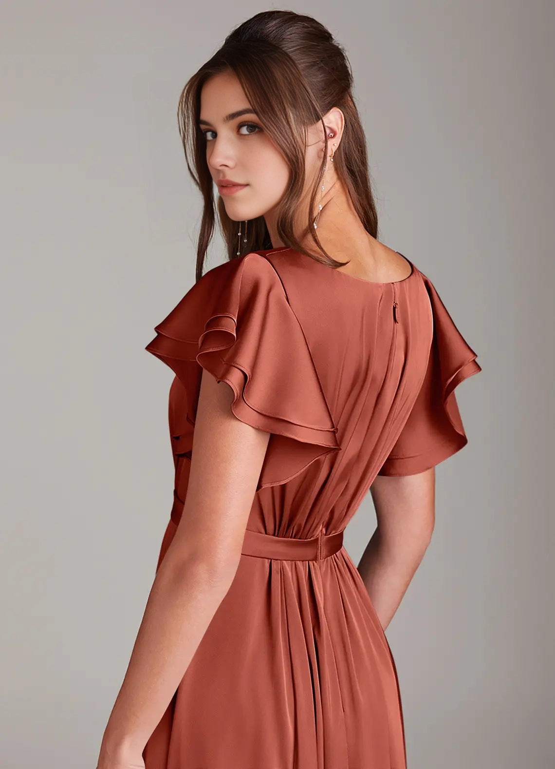 Satin Ruffled Sleeve  Evening Dress A-Line Ruched Stretch Satin Floor-Length Dress Terracotta Bridesmaid Dresses
