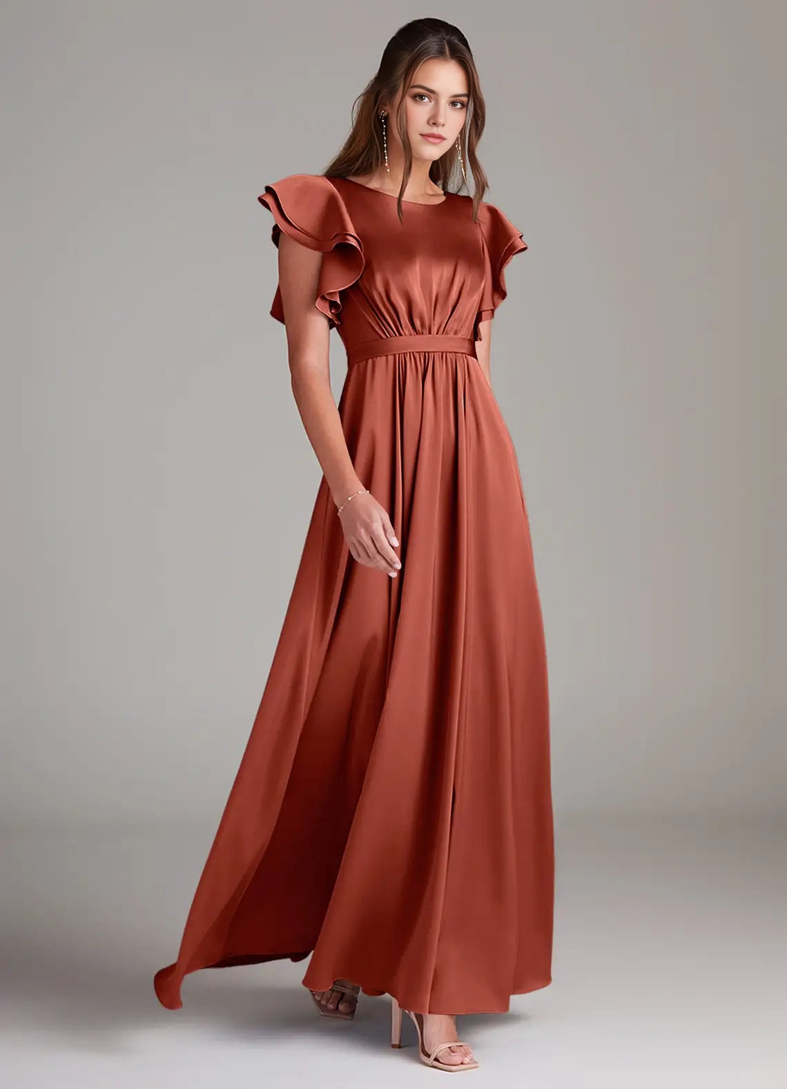 Satin Ruffled Sleeve  Evening Dress A-Line Ruched Stretch Satin Floor-Length Dress Terracotta Bridesmaid Dresses
