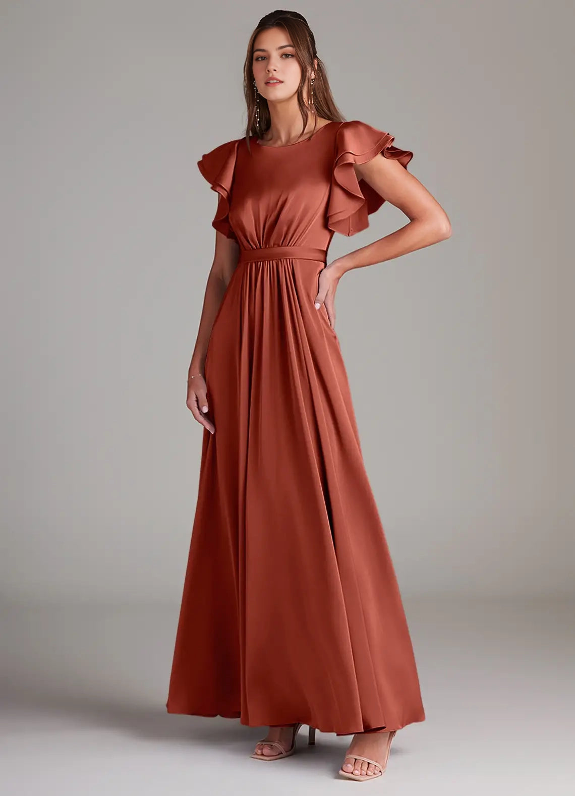 Satin Ruffled Sleeve  Evening Dress A-Line Ruched Stretch Satin Floor-Length Dress Terracotta Bridesmaid Dresses