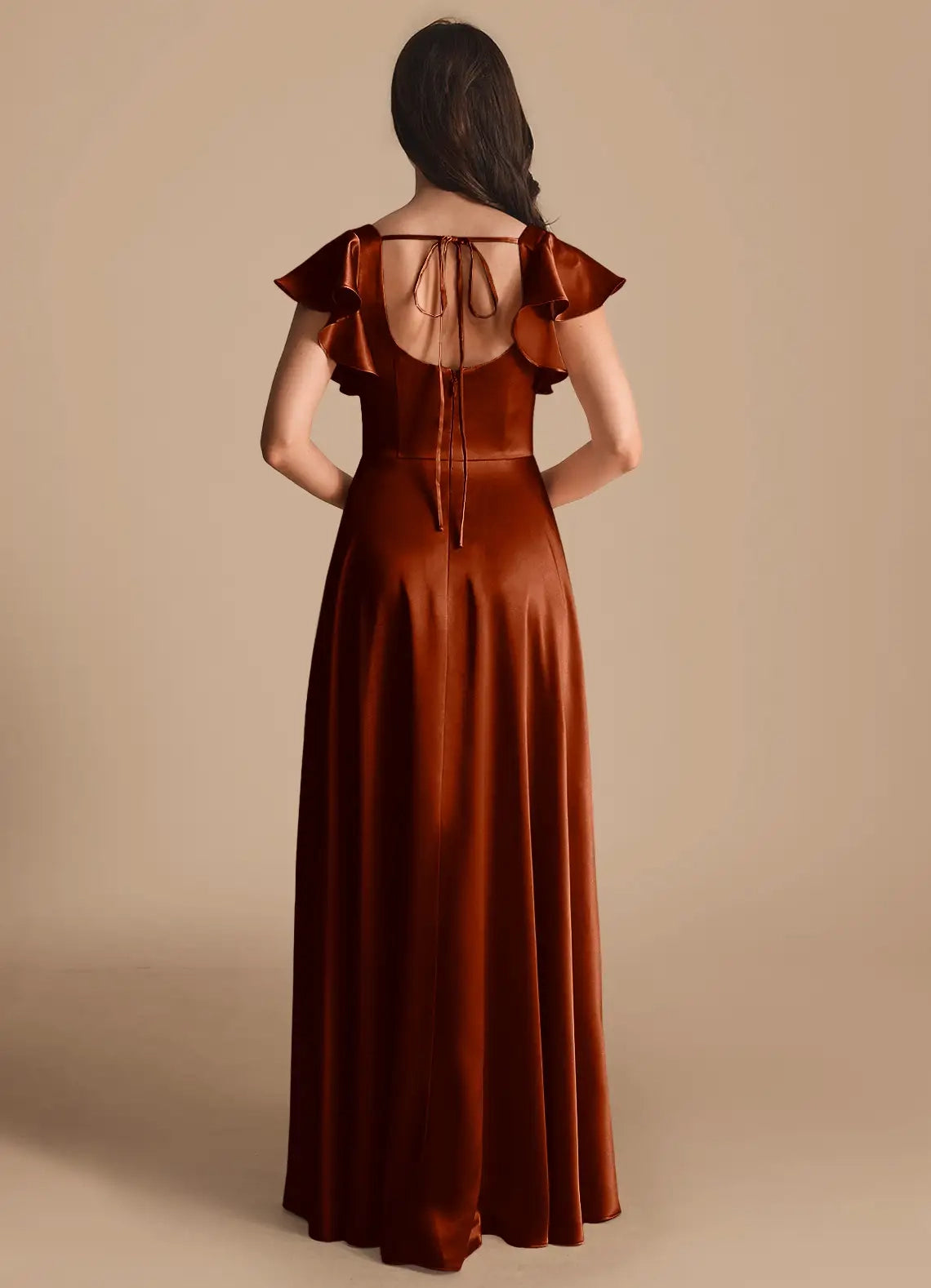 Rust Red Satin Square Neck Maxi Dress with Ruffled Sleeves and Side Slit A-Line Bow Metallic Satin Dress Bridesmaid Dresses
