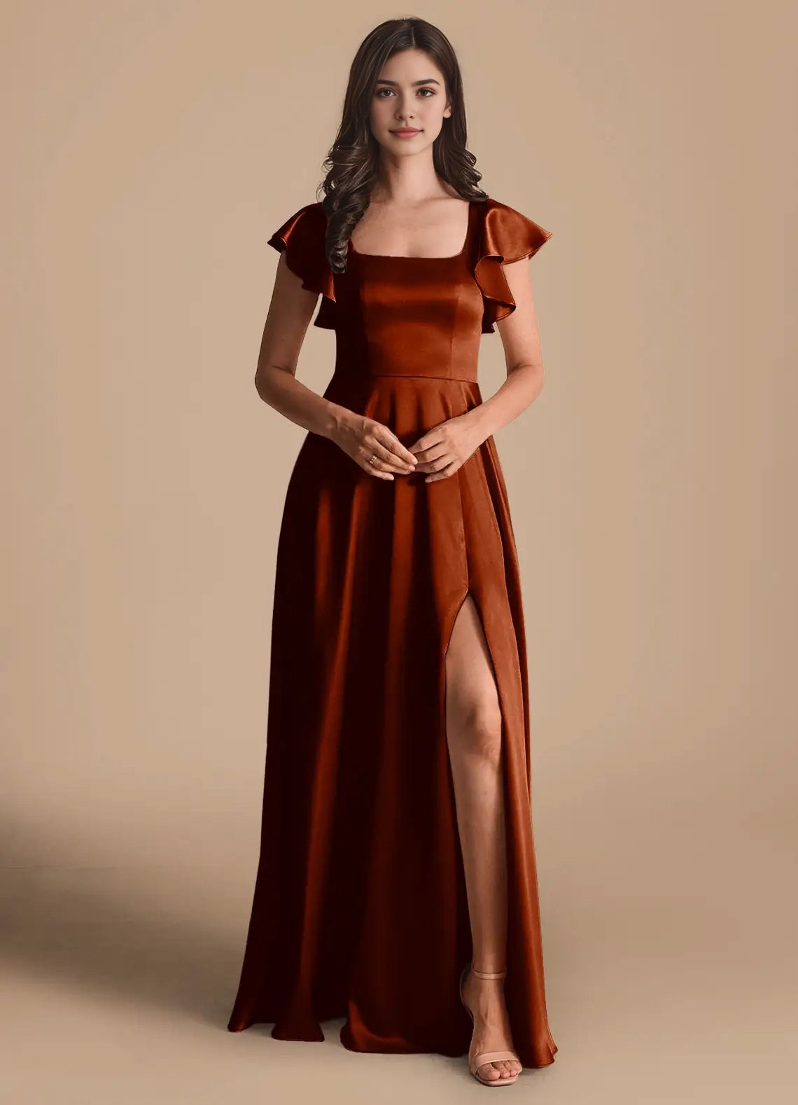 Rust Red Satin Square Neck Maxi Dress with Ruffled Sleeves and Side Slit A-Line Bow Metallic Satin Dress Bridesmaid Dresses