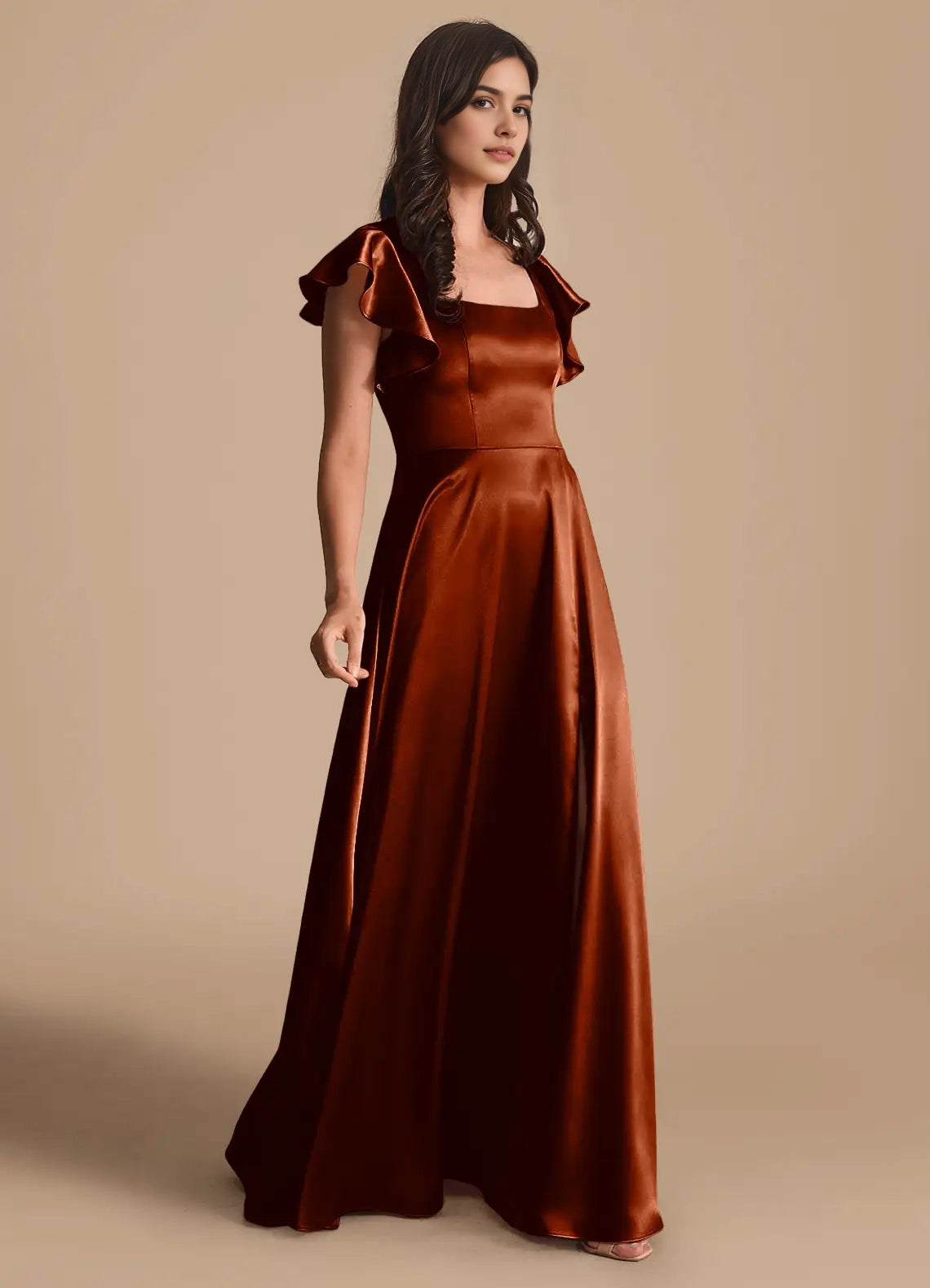 Rust Red Satin Square Neck Maxi Dress with Ruffled Sleeves and Side Slit A-Line Bow Metallic Satin Dress Bridesmaid Dresses