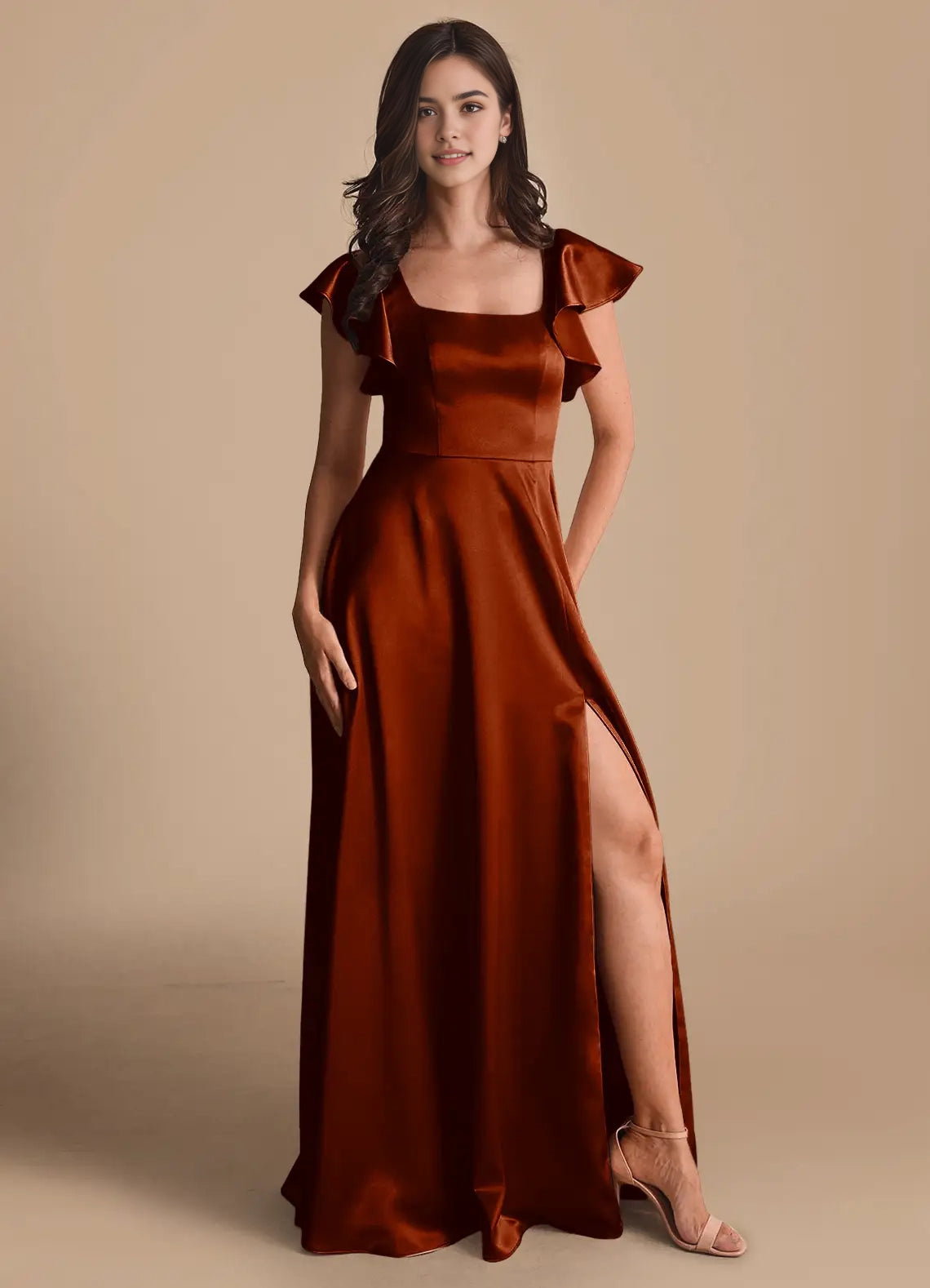 Rust Red Satin Square Neck Maxi Dress with Ruffled Sleeves and Side Slit A-Line Bow Metallic Satin Dress Bridesmaid Dresses