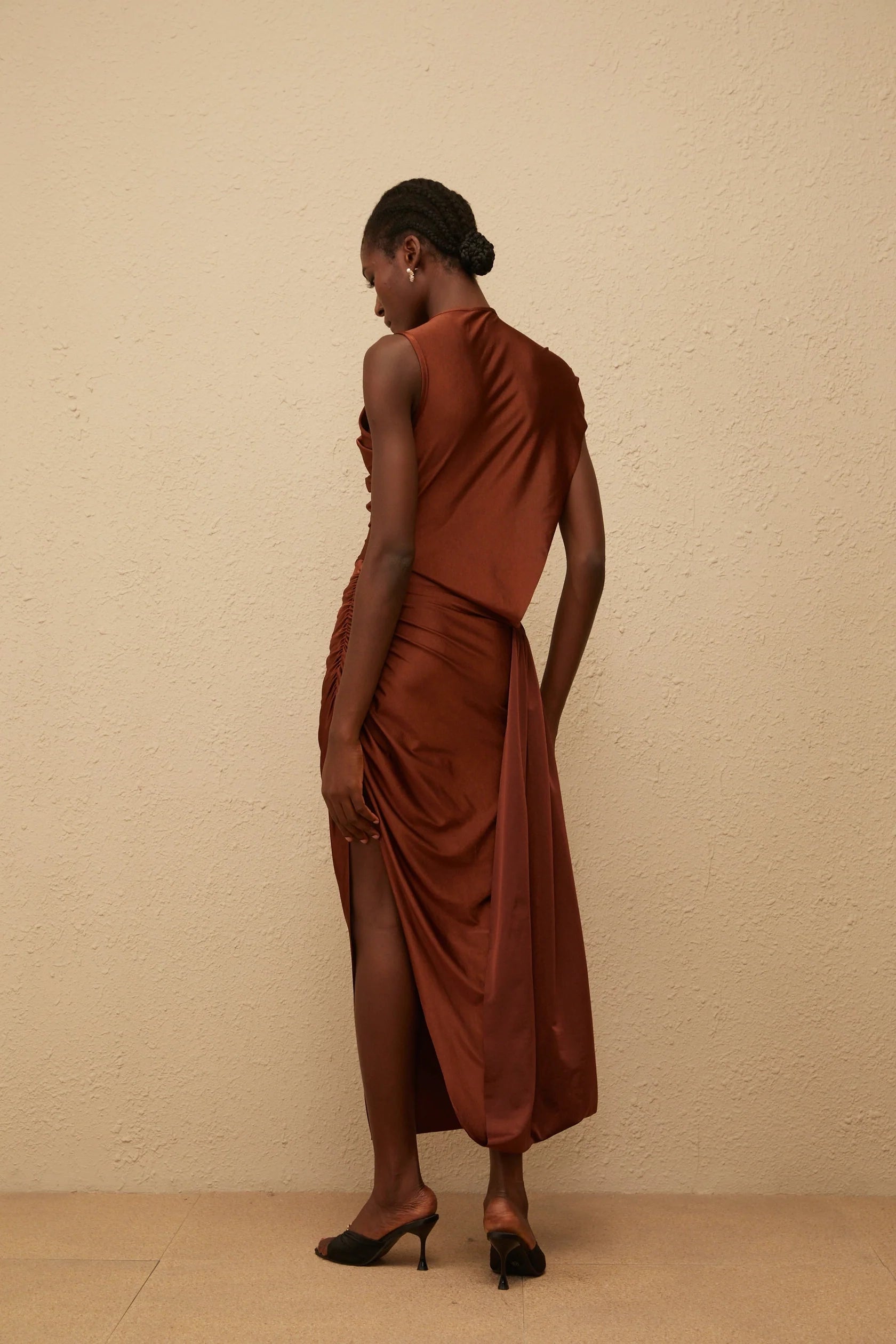 Rust Satin Asymmetric Midi Dress with Draping Reine Brown Asymmetrical Ruched Maxi Dress Evening Dress